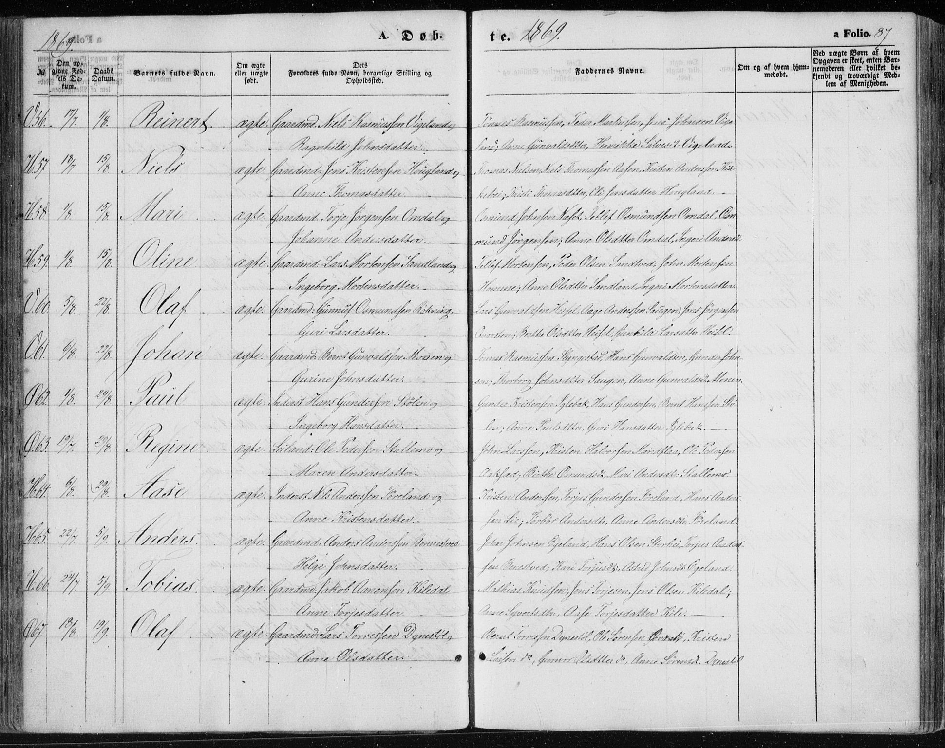 Vennesla sokneprestkontor, AV/SAK-1111-0045/Fa/Fac/L0007: Parish register (official) no. A 7, 1855-1873, p. 87