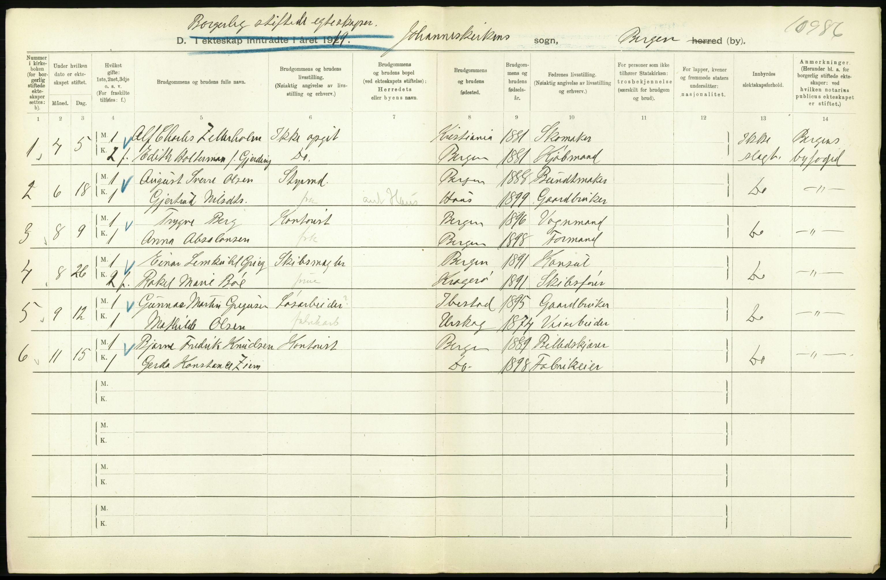 Statistisk sentralbyrå, Sosiodemografiske emner, Befolkning, AV/RA-S-2228/D/Df/Dfb/Dfbi/L0035: Bergen: Gifte, døde, dødfødte., 1919, p. 208