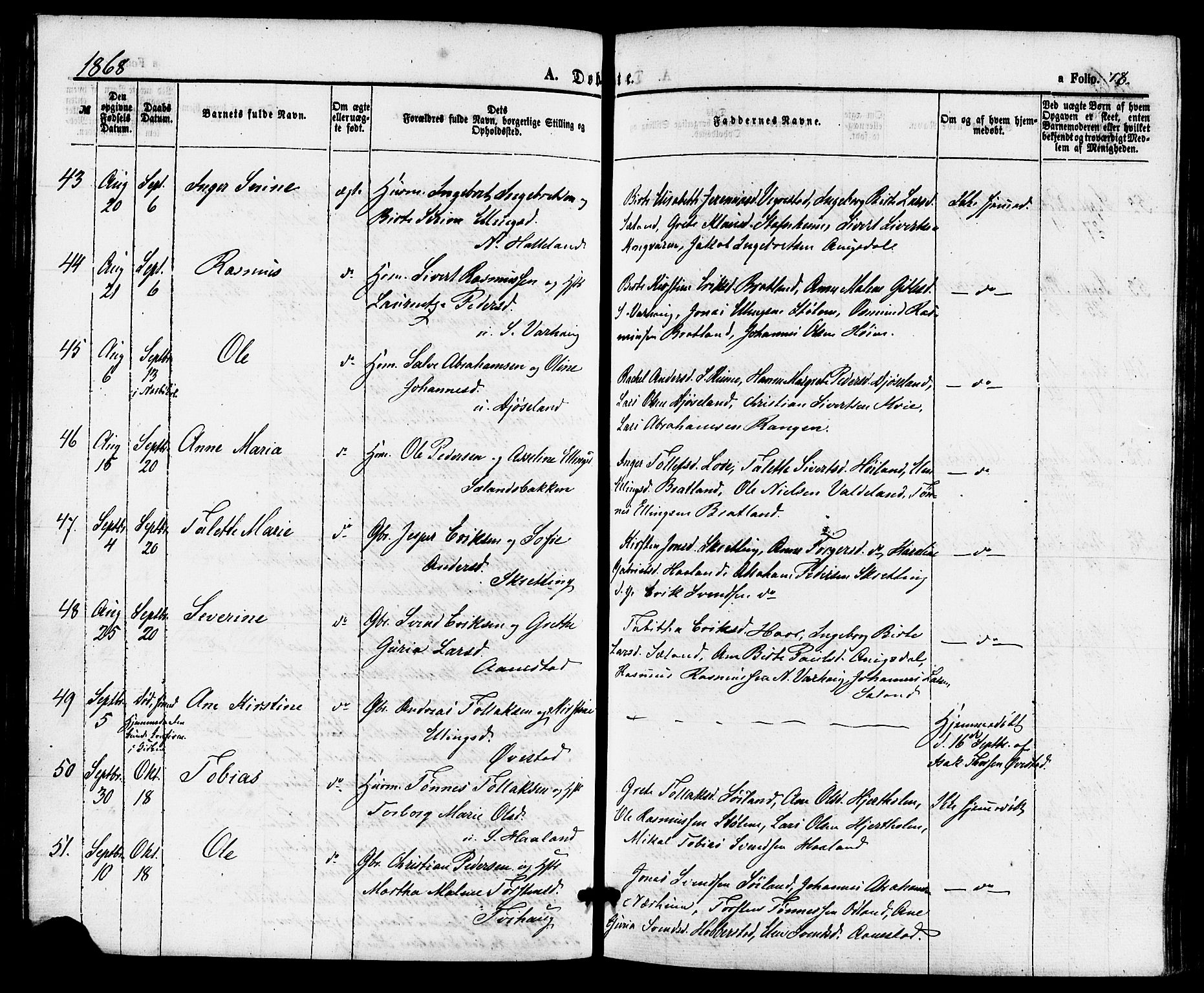 Hå sokneprestkontor, AV/SAST-A-101801/001/30BA/L0009: Parish register (official) no. A 8, 1855-1878, p. 78