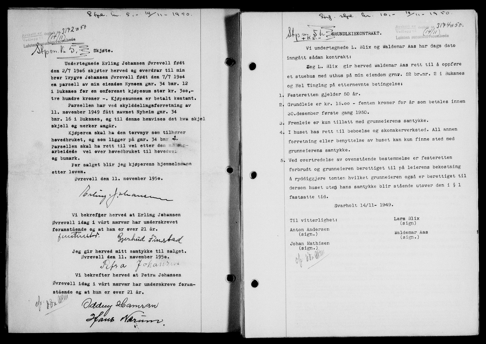 Lofoten sorenskriveri, SAT/A-0017/1/2/2C/L0025a: Mortgage book no. 25a, 1950-1951, Diary no: : 3172/1950