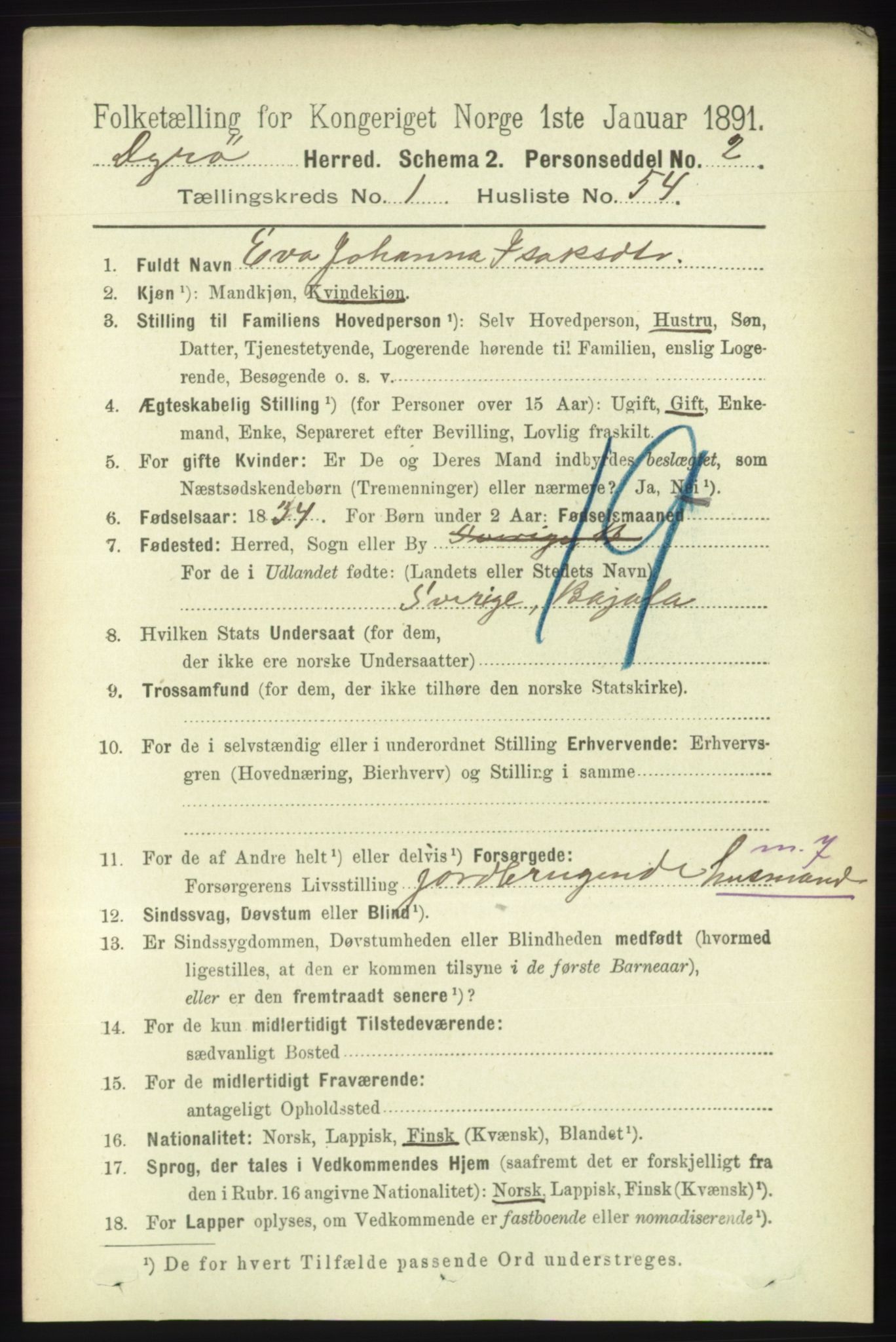 RA, 1891 census for 1926 Dyrøy, 1891, p. 399