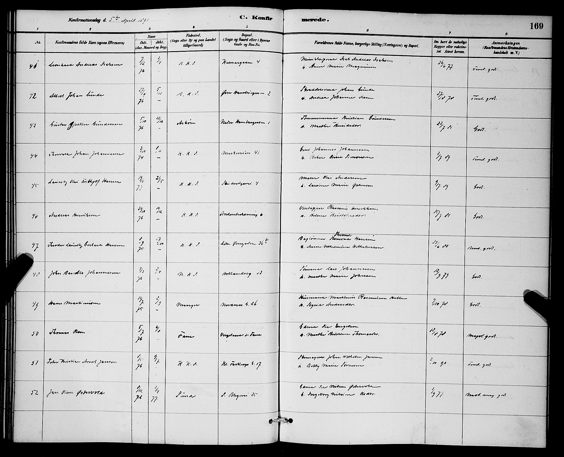 Korskirken sokneprestembete, AV/SAB-A-76101/H/Hab: Parish register (copy) no. C 3, 1880-1892, p. 169