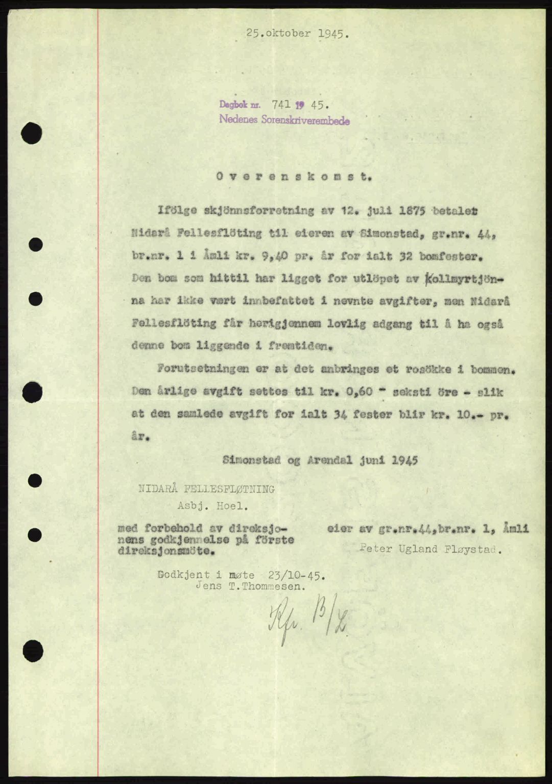 Nedenes sorenskriveri, SAK/1221-0006/G/Gb/Gba/L0053: Mortgage book no. A6b, 1945-1945, Diary no: : 741/1945