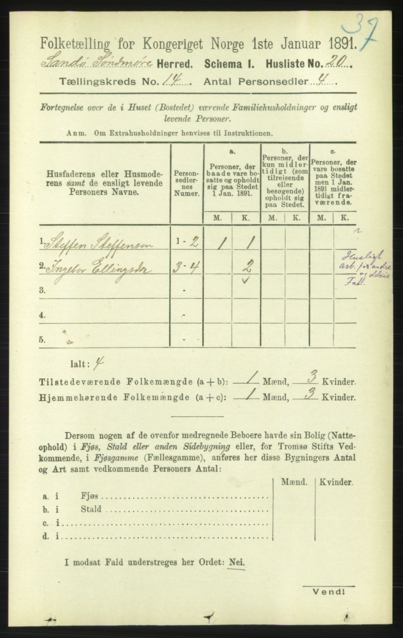 RA, 1891 census for 1514 Sande, 1891, p. 2850