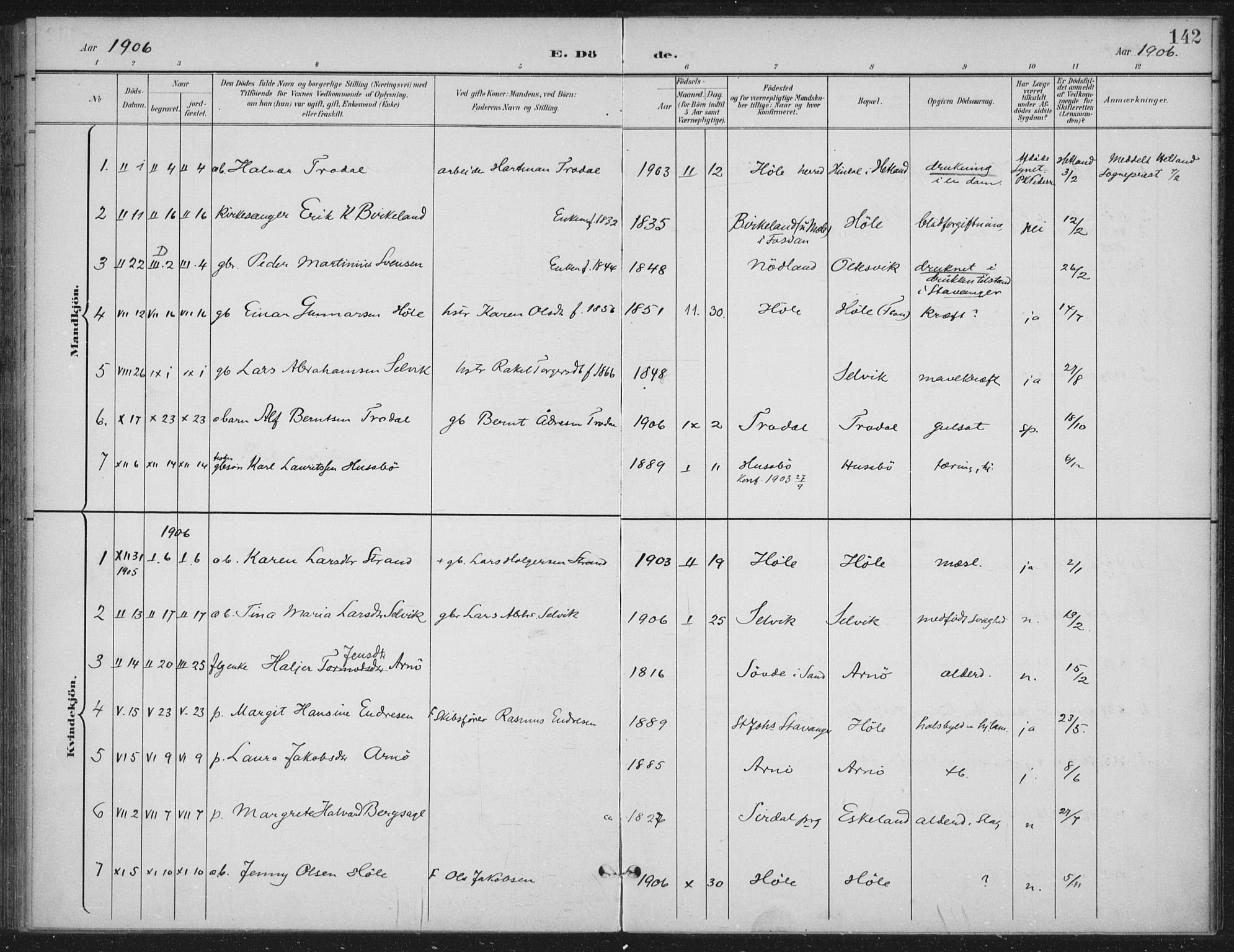 Høgsfjord sokneprestkontor, SAST/A-101624/H/Ha/Haa/L0008: Parish register (official) no. A 8, 1898-1920, p. 142