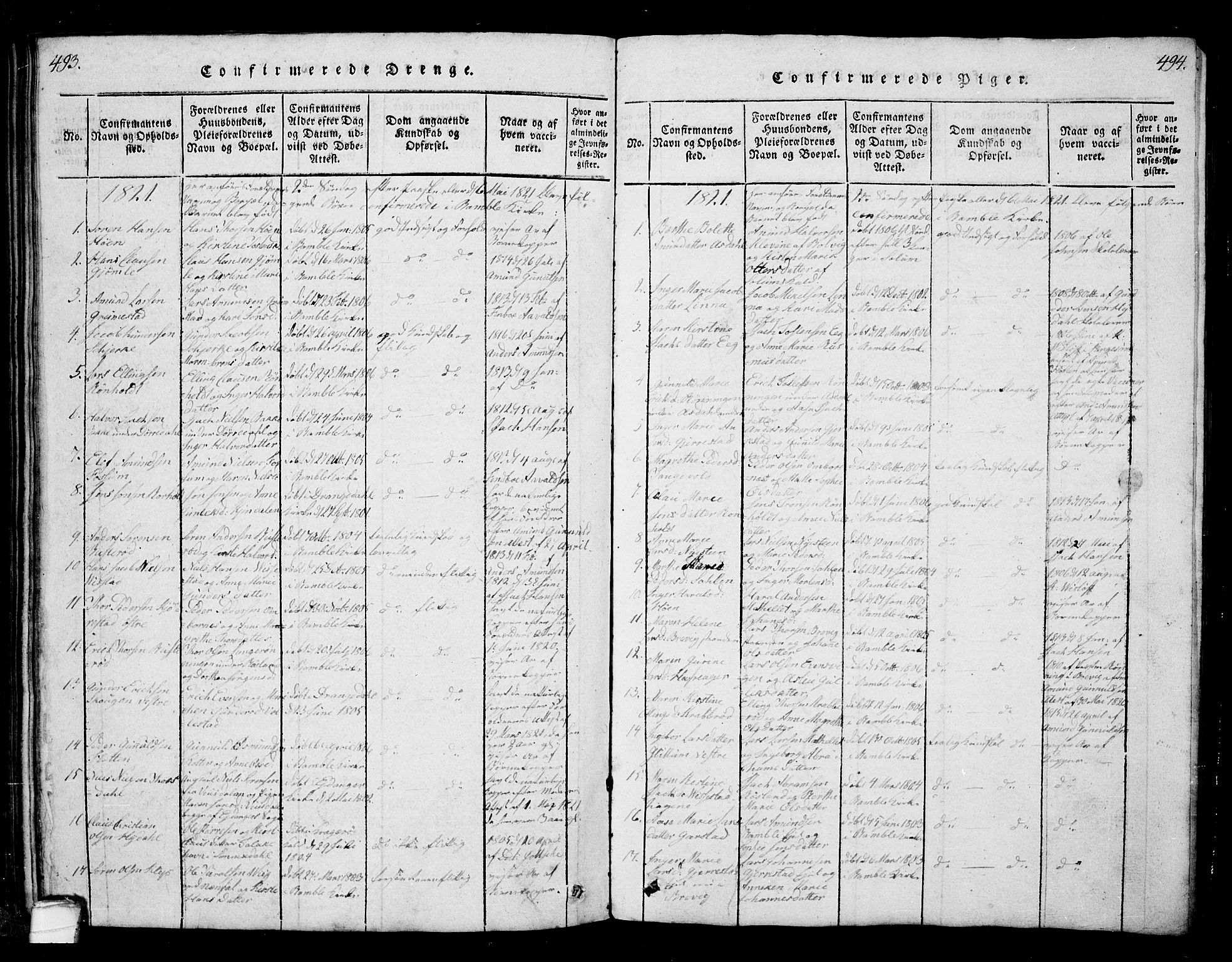 Bamble kirkebøker, SAKO/A-253/G/Ga/L0005: Parish register (copy) no. I 5, 1814-1855, p. 493-494