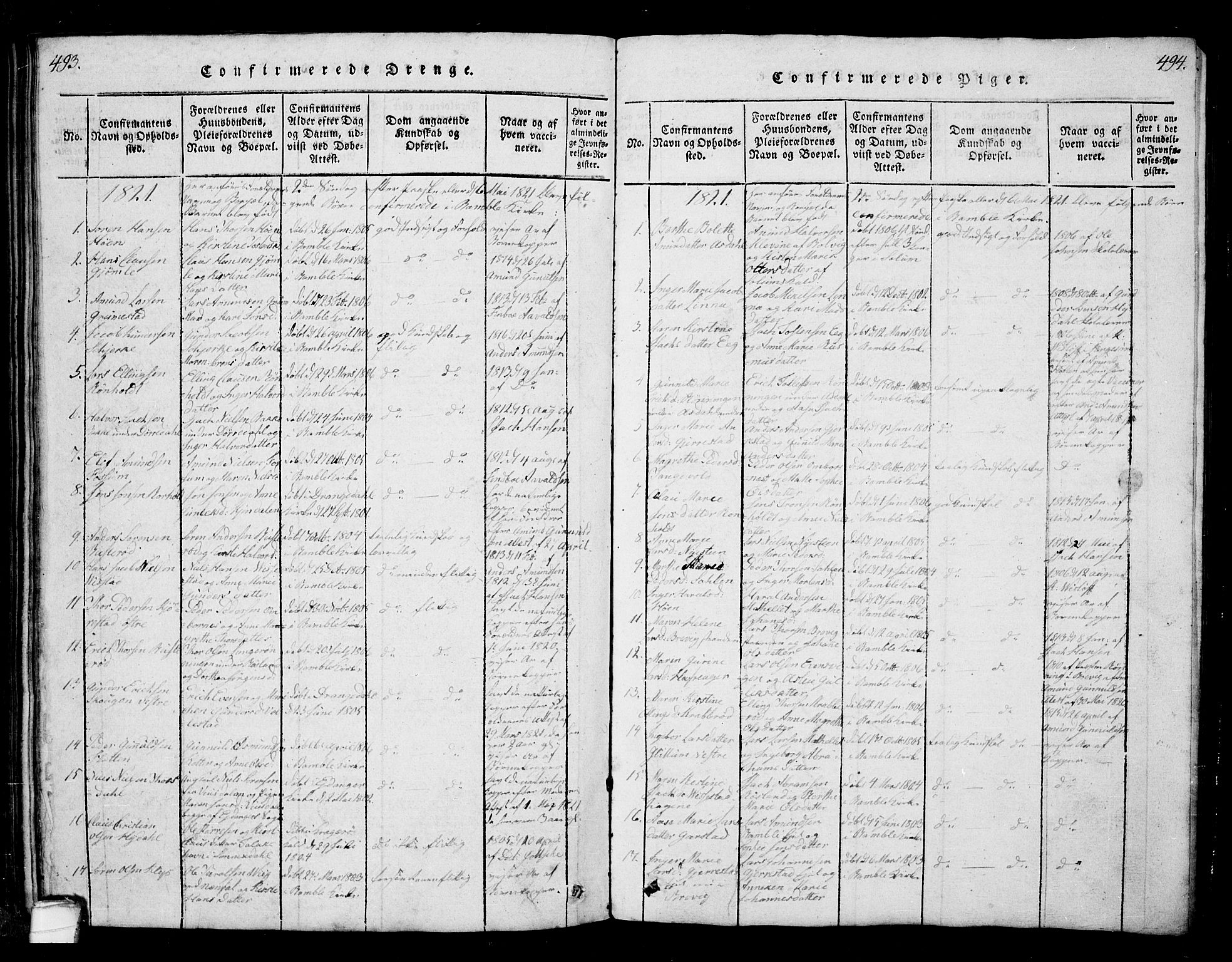 Bamble kirkebøker, AV/SAKO-A-253/G/Ga/L0005: Parish register (copy) no. I 5, 1814-1855, p. 493-494