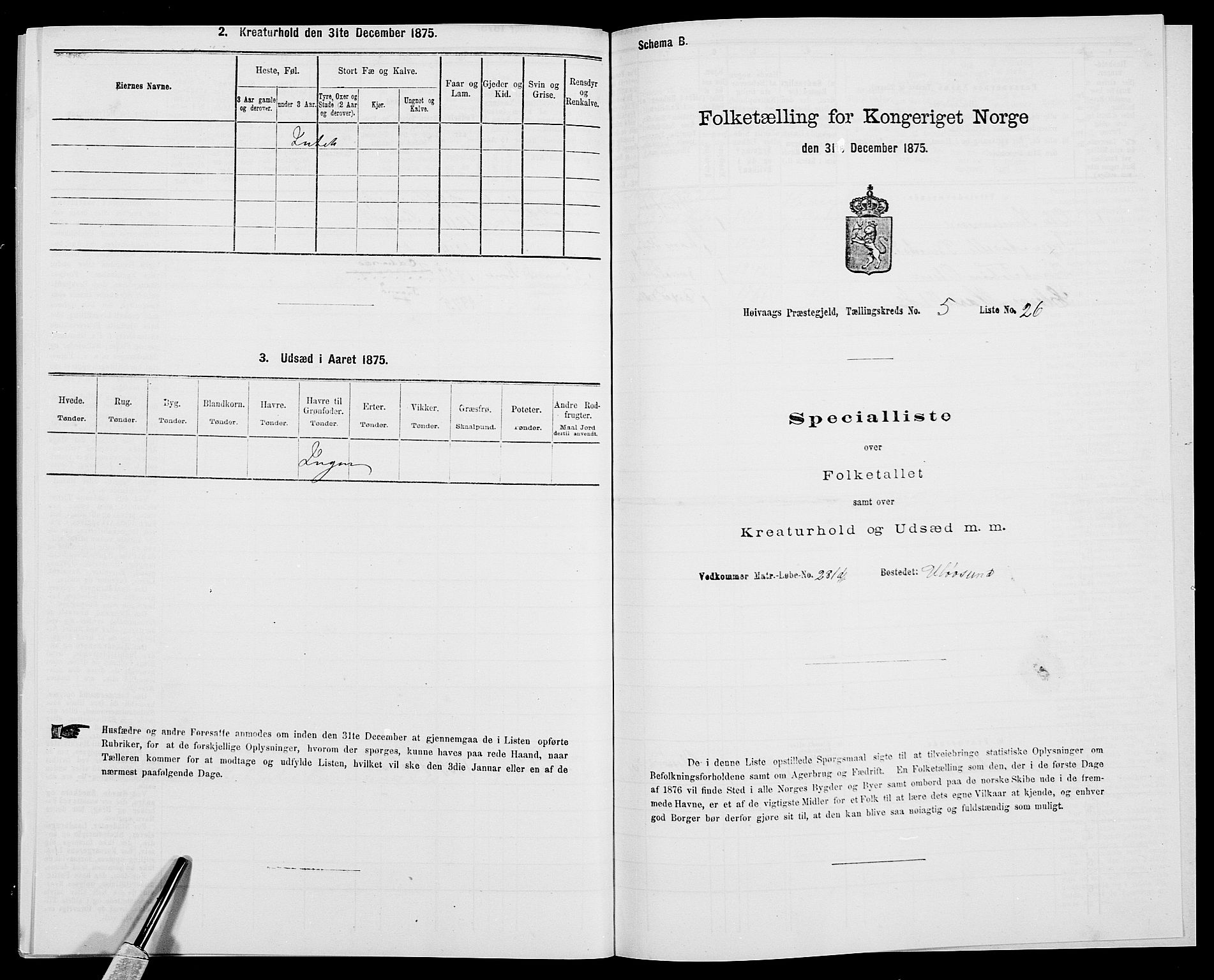 SAK, 1875 census for 0927P Høvåg, 1875, p. 663