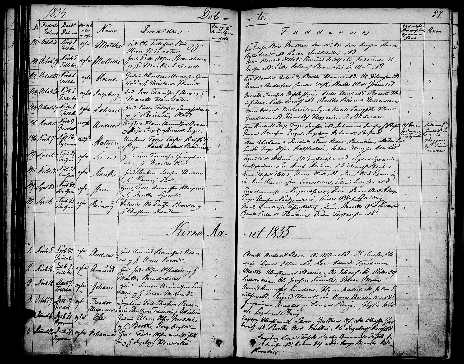 Gausdal prestekontor, SAH/PREST-090/H/Ha/Haa/L0006: Parish register (official) no. 6, 1830-1839, p. 57