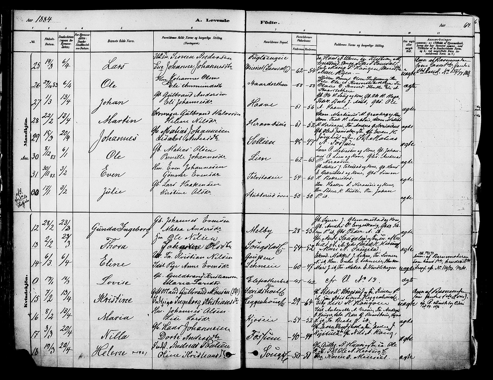 Ringsaker prestekontor, AV/SAH-PREST-014/K/Ka/L0012: Parish register (official) no. 12, 1879-1890, p. 64