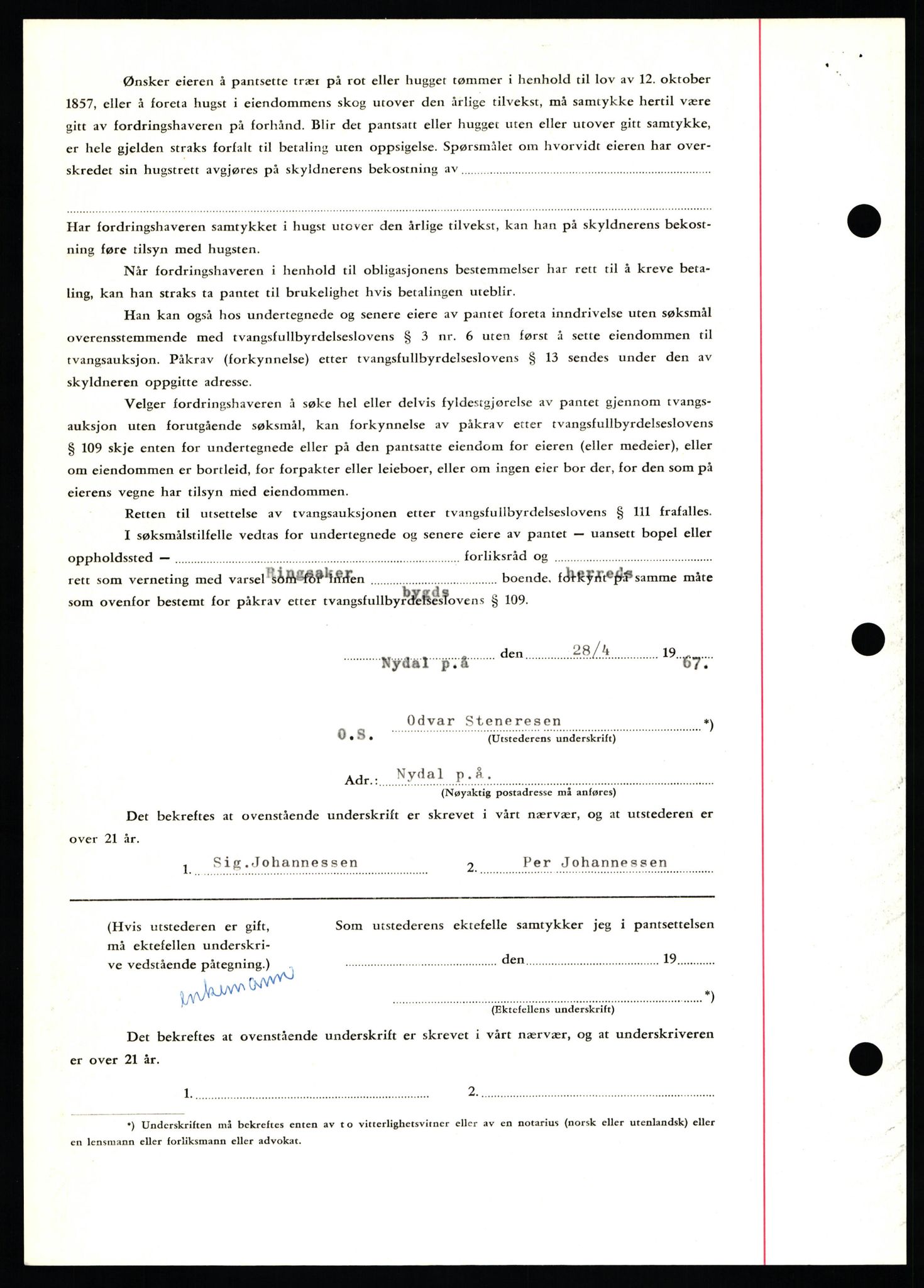 Nord-Hedmark sorenskriveri, SAH/TING-012/H/Hb/Hbf/L0071: Mortgage book no. B71, 1967-1967, Diary no: : 1996/1967