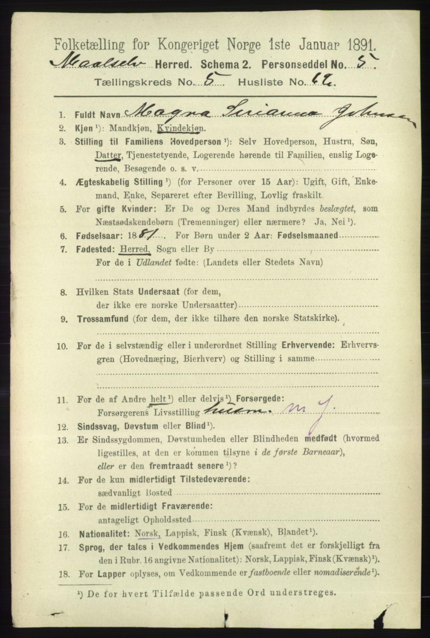 RA, 1891 census for 1924 Målselv, 1891, p. 2014