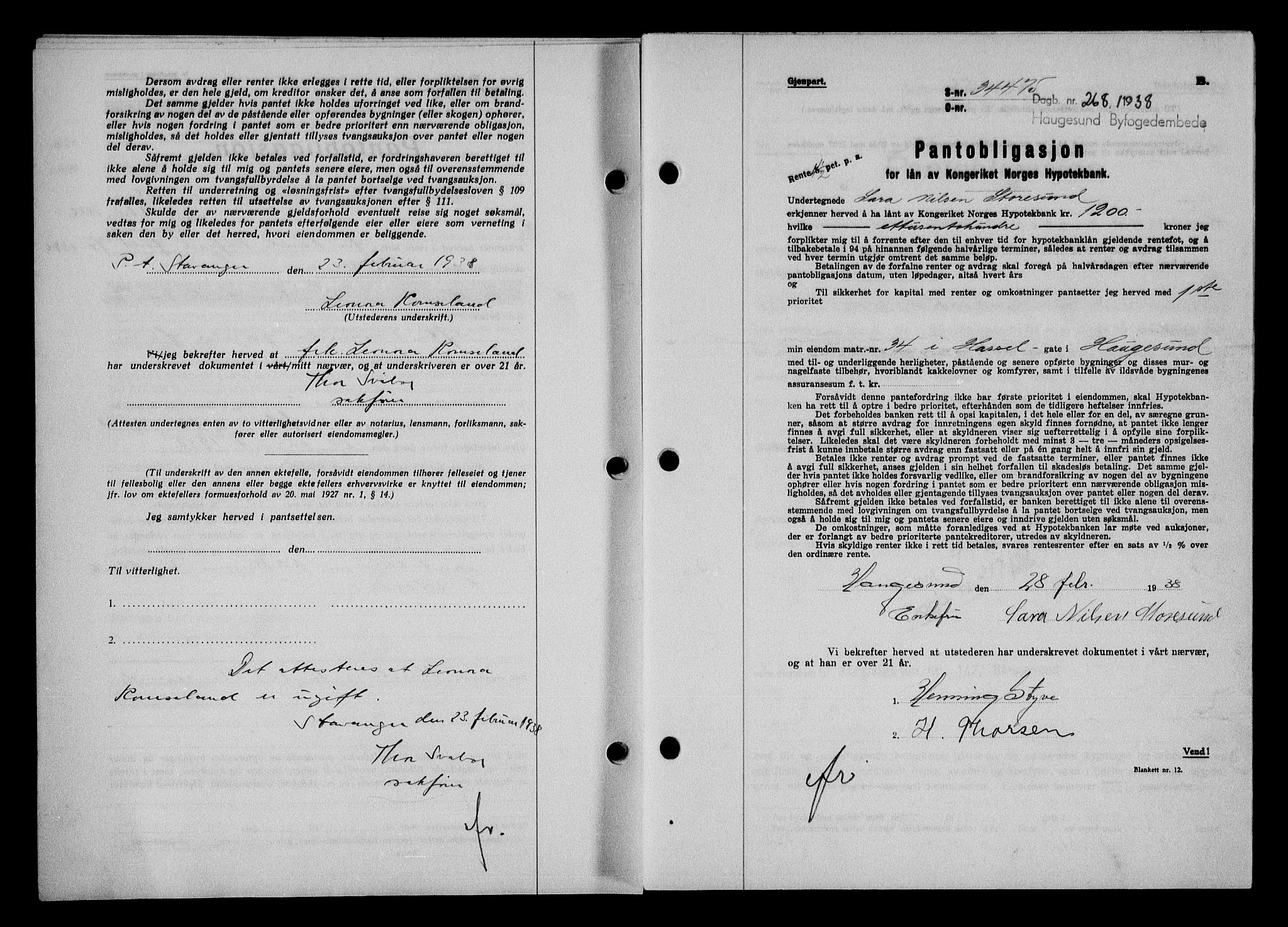 Haugesund tingrett, AV/SAST-A-101415/01/II/IIC/L0031: Mortgage book no. 31, 1936-1938, Diary no: : 268/1938