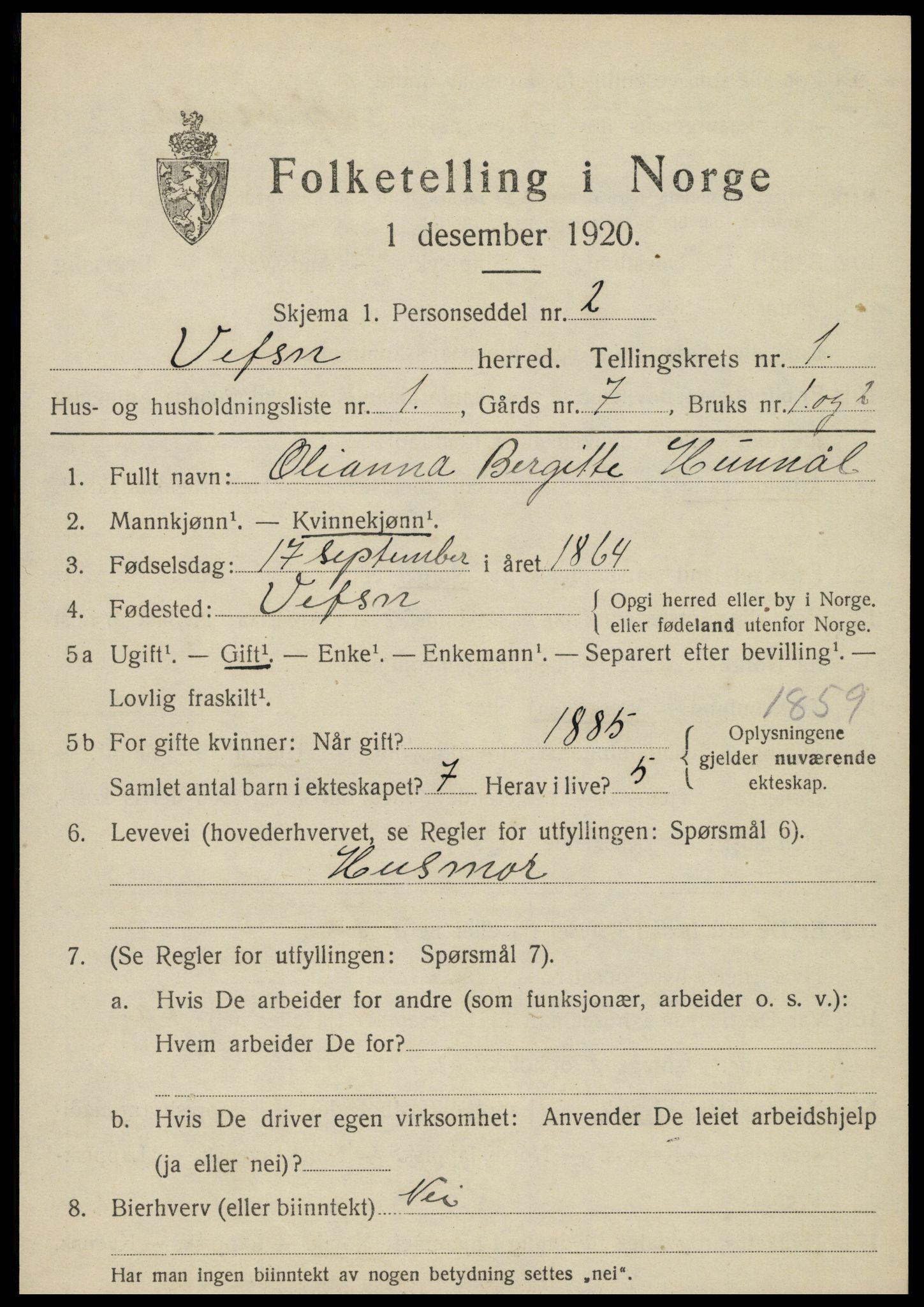 SAT, 1920 census for Vefsn, 1920, p. 1641