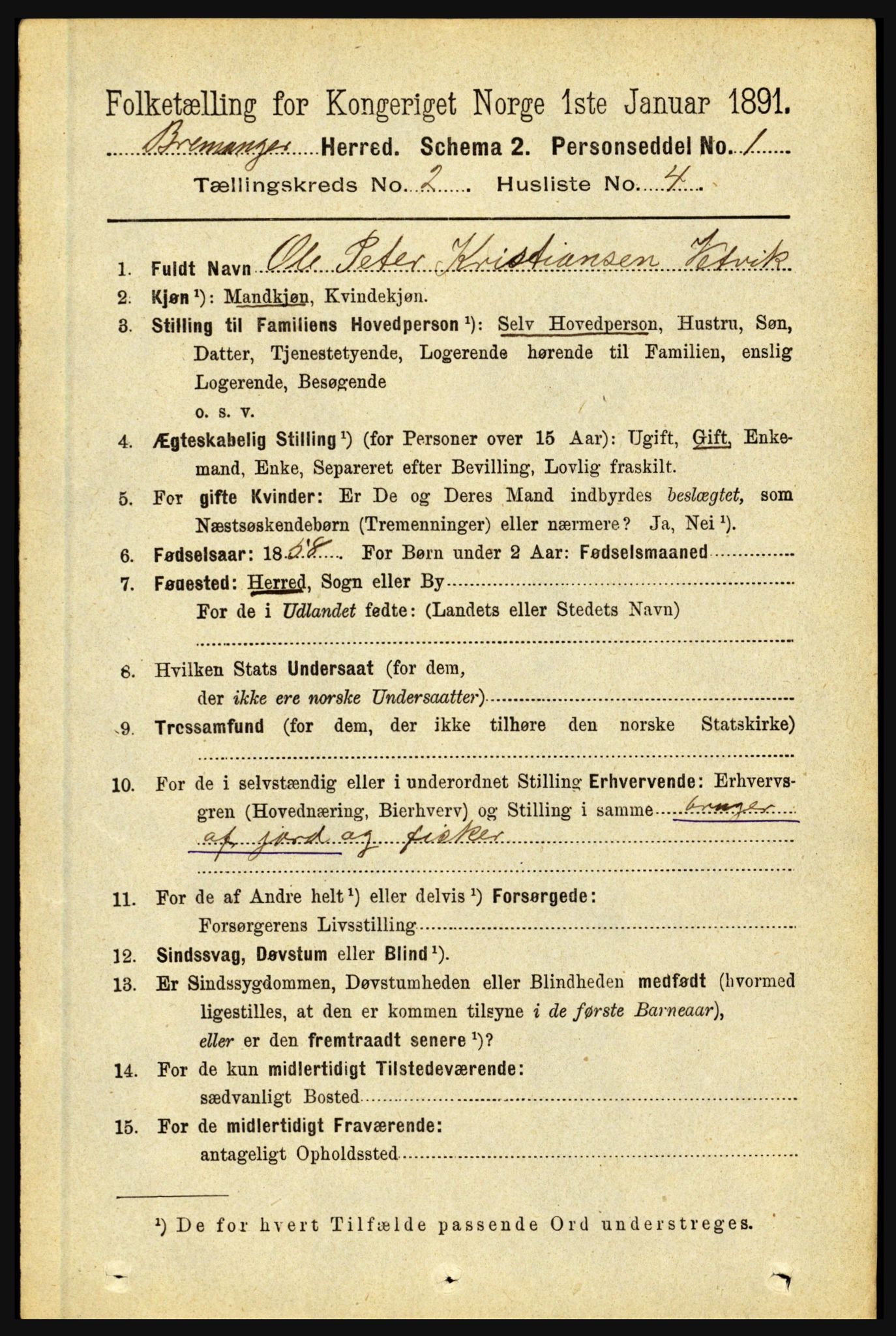 RA, 1891 census for 1438 Bremanger, 1891, p. 666