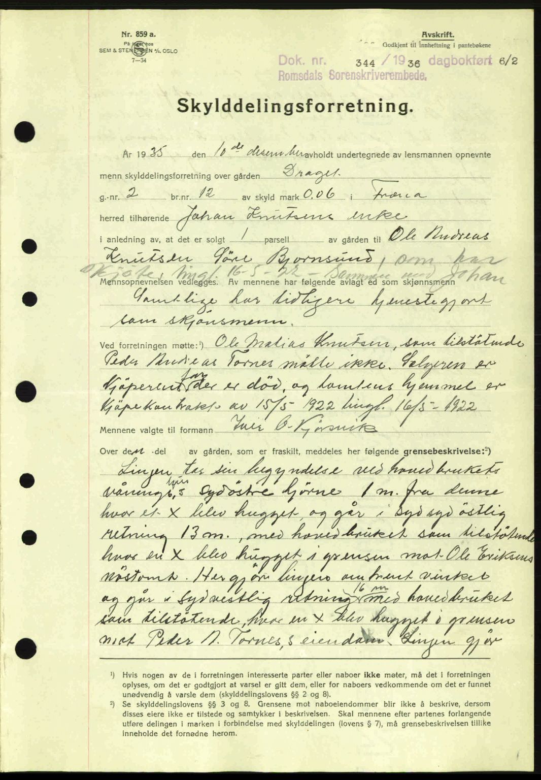 Romsdal sorenskriveri, AV/SAT-A-4149/1/2/2C: Mortgage book no. A1, 1936-1936, Diary no: : 344/1936