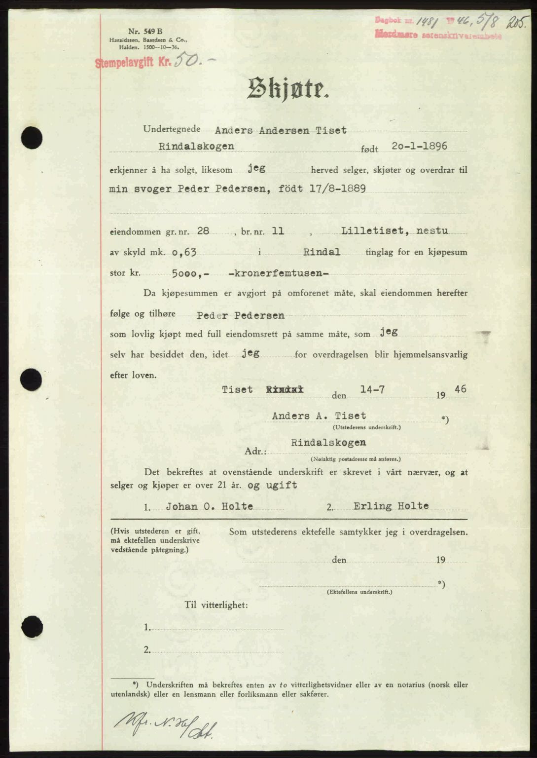 Nordmøre sorenskriveri, AV/SAT-A-4132/1/2/2Ca: Mortgage book no. A102, 1946-1946, Diary no: : 1481/1946