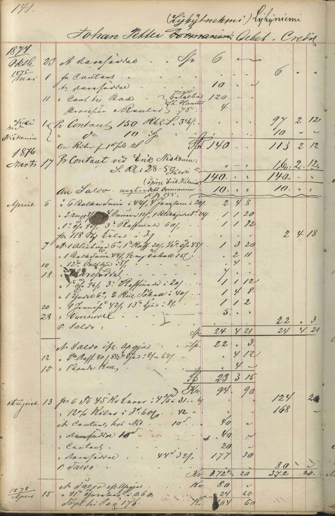 Brodtkorb handel A/S, VAMU/A-0001/F/Fc/L0001/0001: Konto for kvener og nordmenn på Kolahalvøya  / Conto for Kvæner og Nordmænd paa Russefinmarken No 1, 1868-1894, p. 141