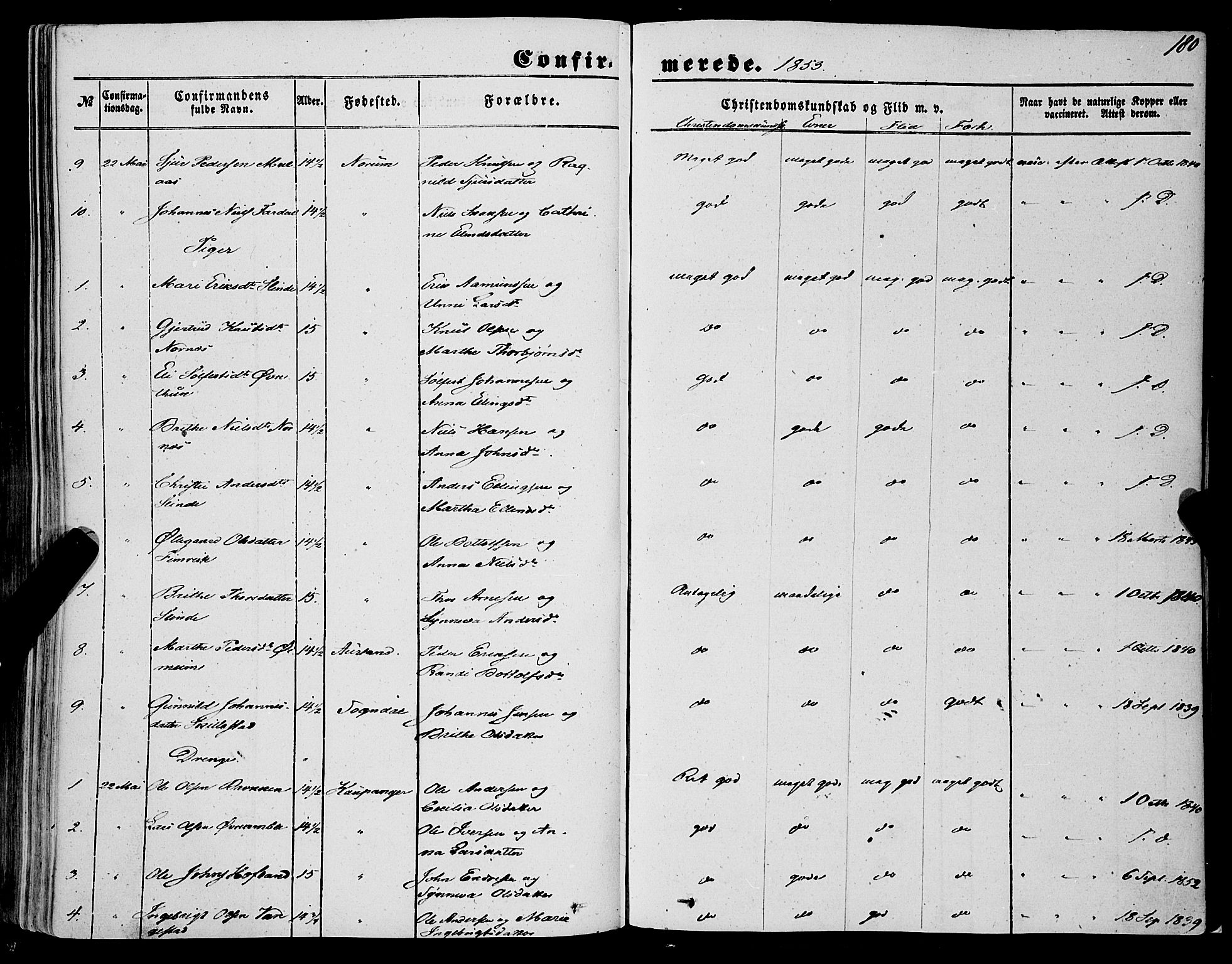 Sogndal sokneprestembete, AV/SAB-A-81301/H/Haa/Haaa/L0012I: Parish register (official) no. A 12I, 1847-1859, p. 180