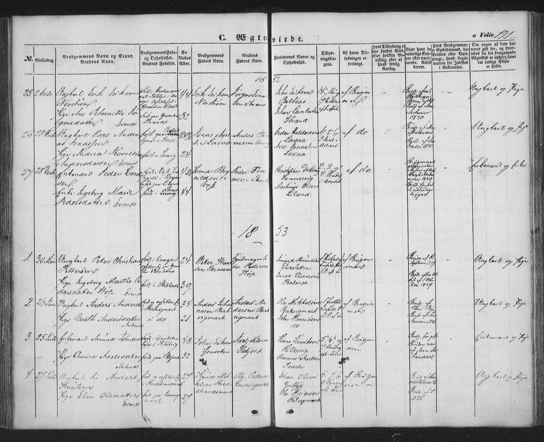 Ministerialprotokoller, klokkerbøker og fødselsregistre - Nordland, AV/SAT-A-1459/863/L0895: Parish register (official) no. 863A07, 1851-1860, p. 191