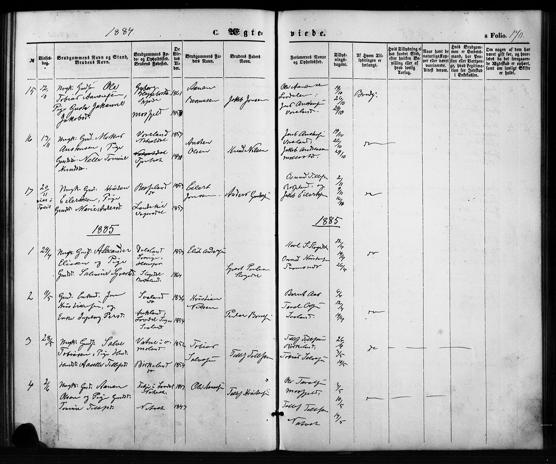 Birkenes sokneprestkontor, SAK/1111-0004/F/Fb/L0003: Parish register (copy) no. B 3, 1876-1892, p. 170
