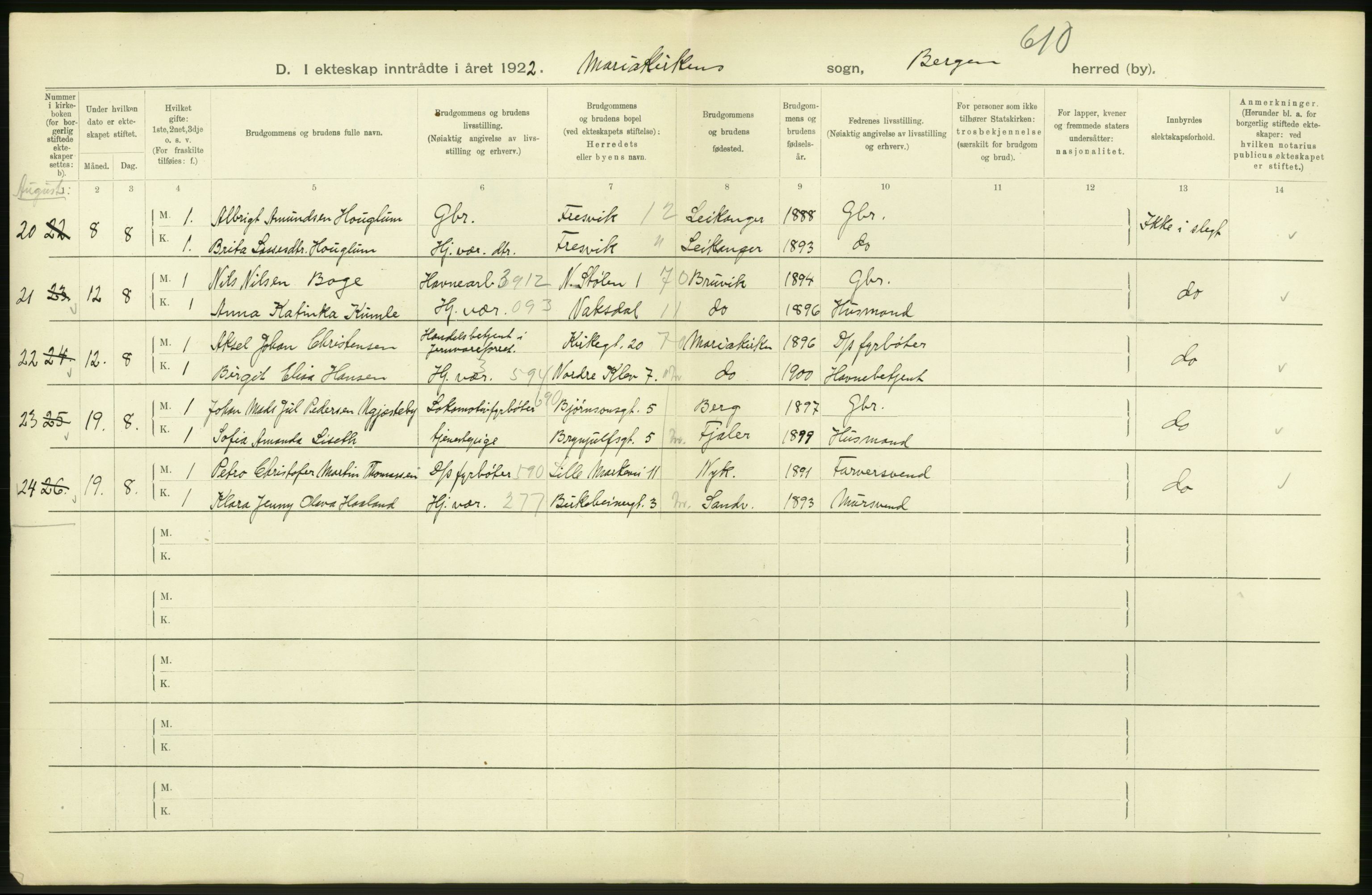 Statistisk sentralbyrå, Sosiodemografiske emner, Befolkning, AV/RA-S-2228/D/Df/Dfc/Dfcb/L0030: Bergen: Gifte, døde, dødfødte., 1922, p. 72