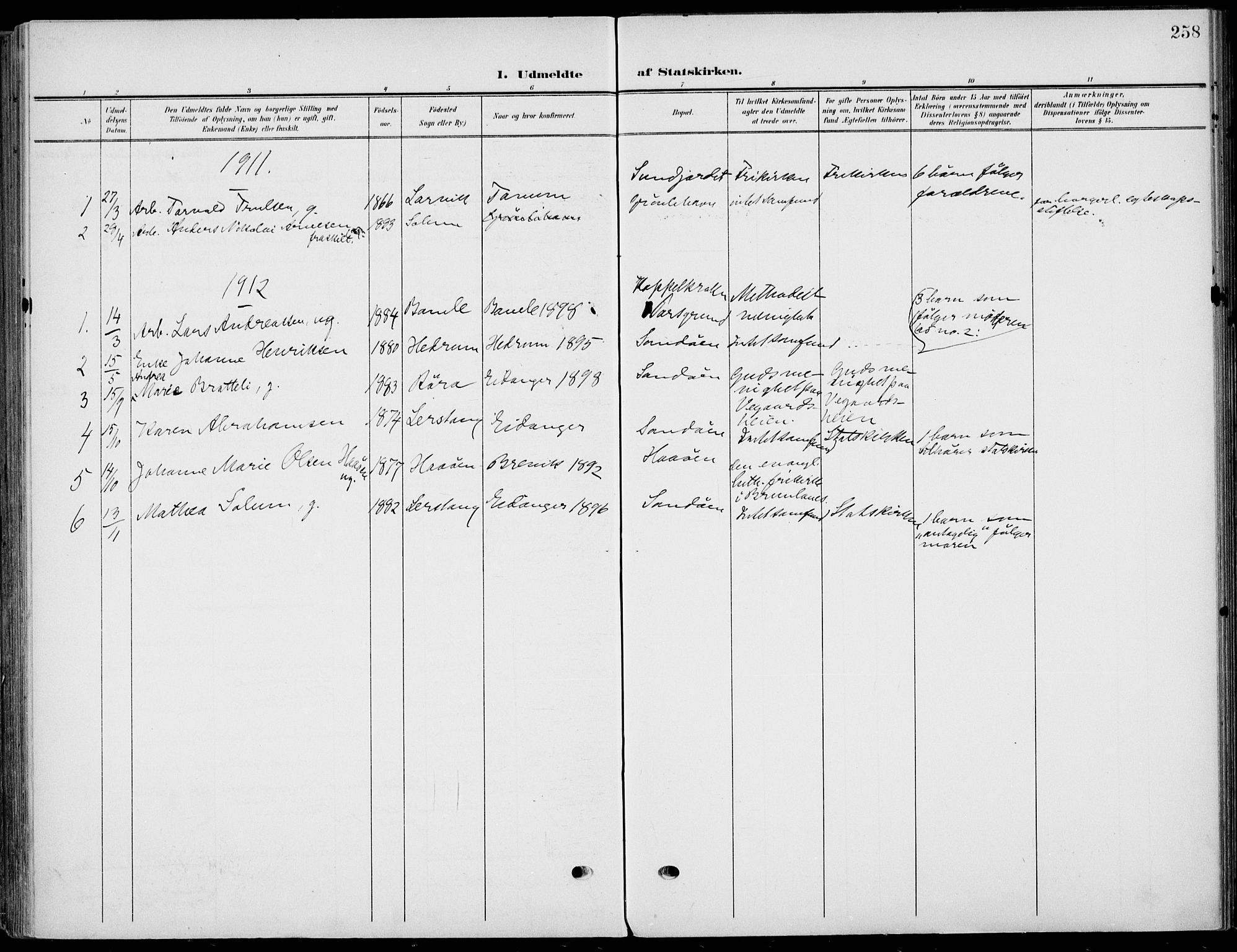 Eidanger kirkebøker, AV/SAKO-A-261/F/Fa/L0013: Parish register (official) no. 13, 1900-1913, p. 258