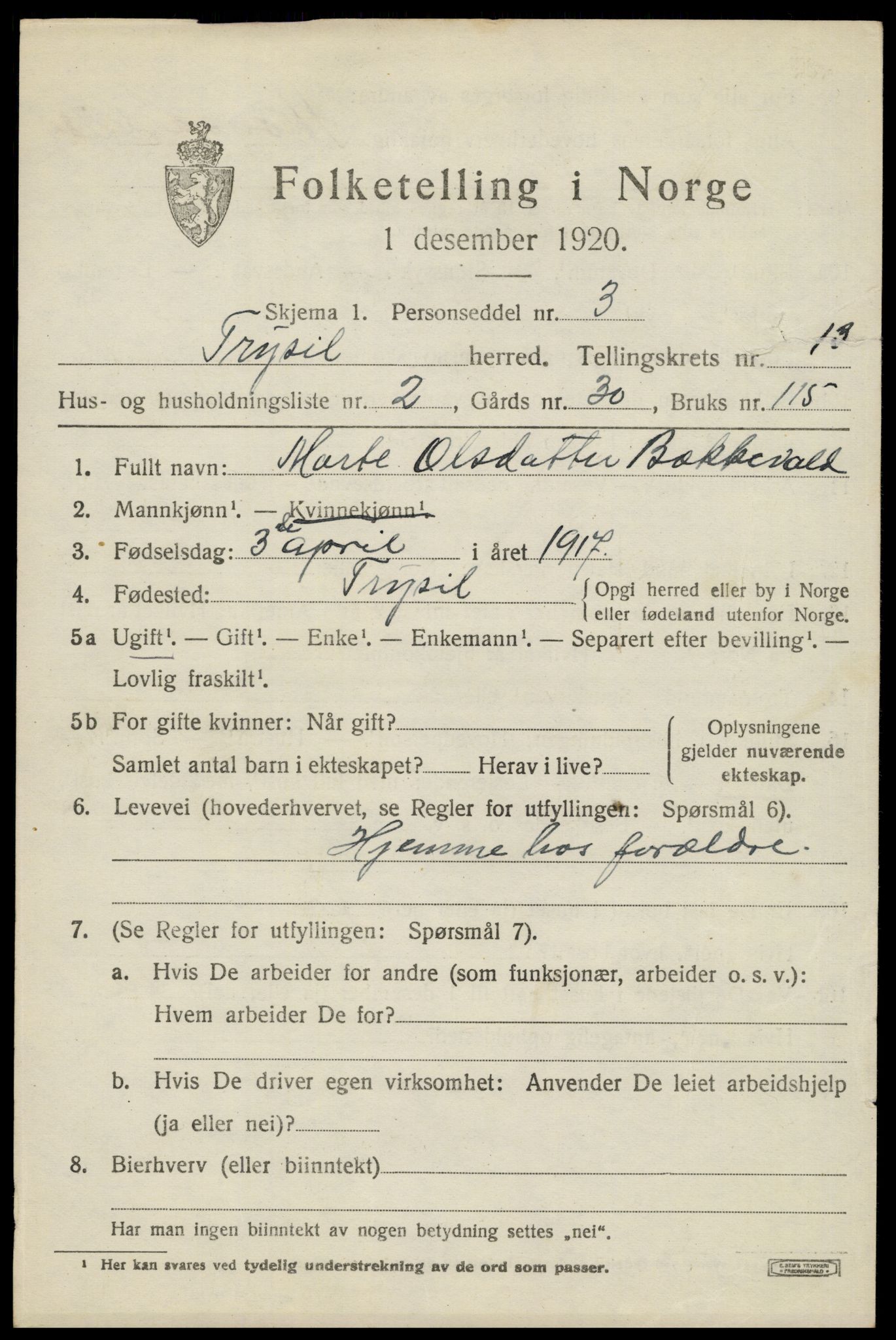 SAH, 1920 census for Trysil, 1920, p. 7641
