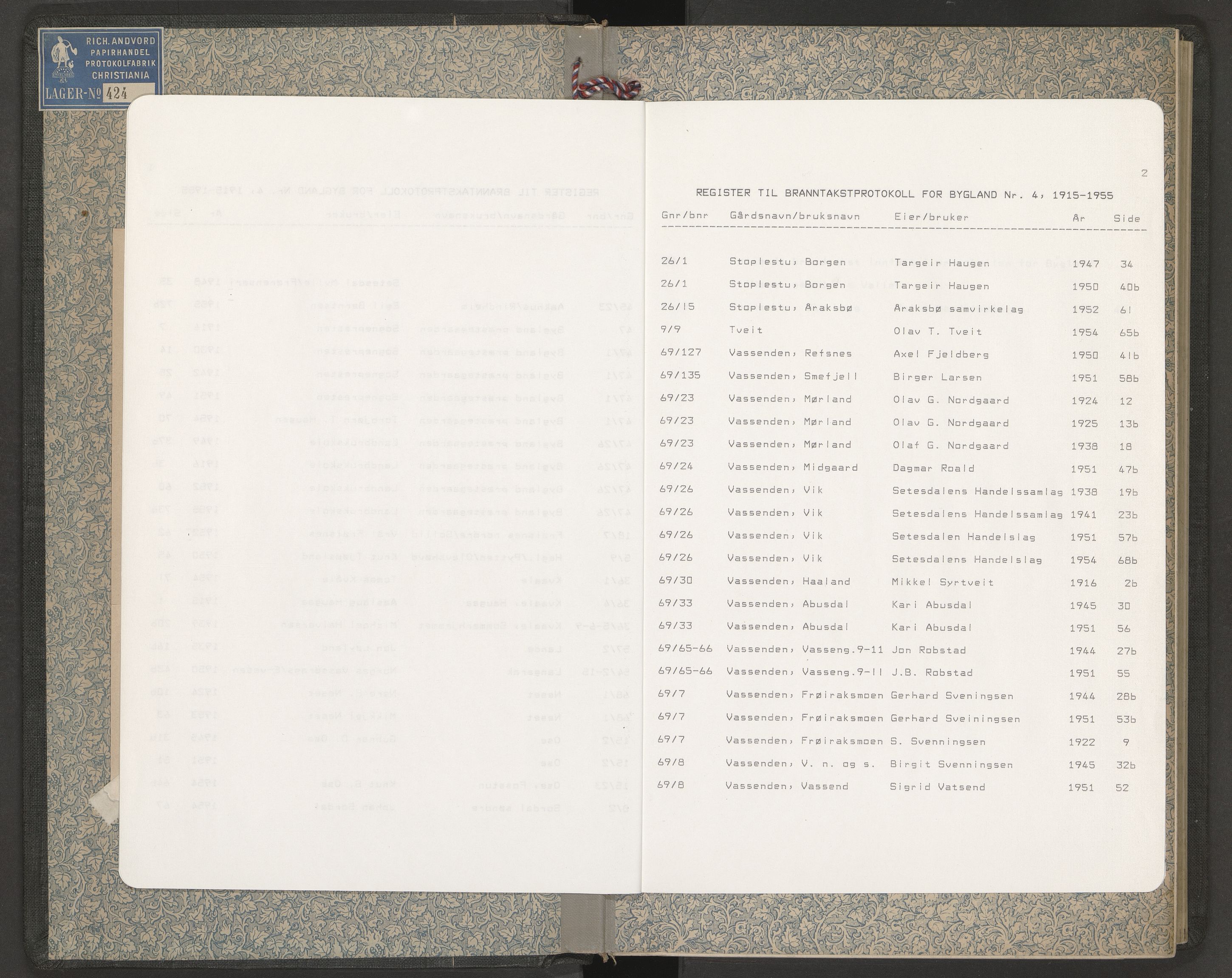 Norges Brannkasse Bygland, AV/SAK-2241-0007/F/Fa/L0005: Branntakstprotokoll nr. 4 med gårdsnavnregister, 1915-1955