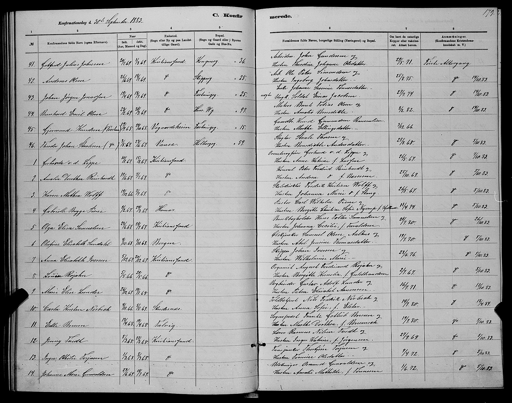 Kristiansand domprosti, SAK/1112-0006/F/Fb/L0016: Parish register (copy) no. B 16, 1881-1893, p. 179