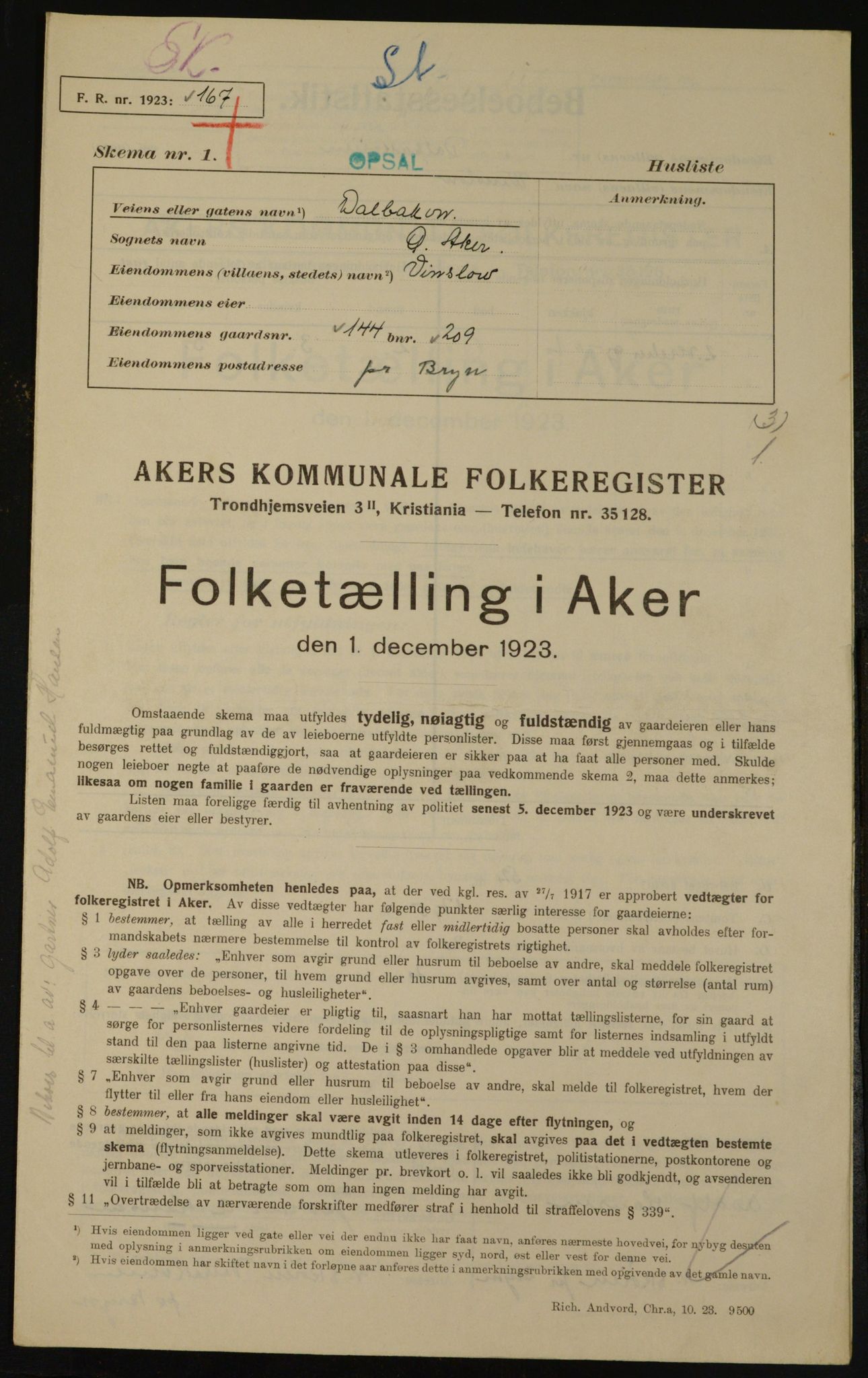 , Municipal Census 1923 for Aker, 1923, p. 23261