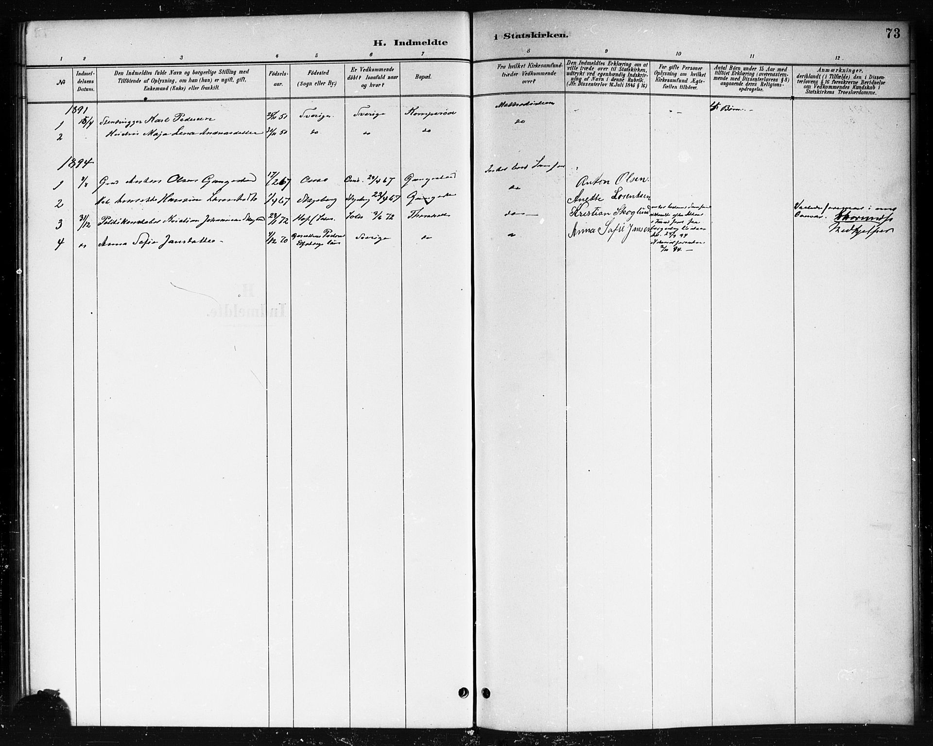 Skjeberg prestekontor Kirkebøker, SAO/A-10923/F/Fb/L0001: Parish register (official) no. II 1, 1886-1894, p. 73