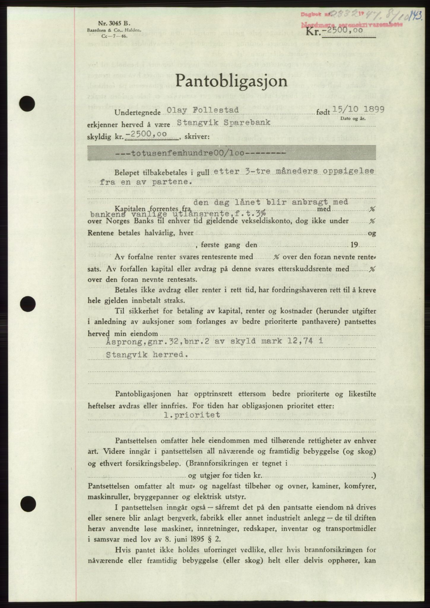 Nordmøre sorenskriveri, AV/SAT-A-4132/1/2/2Ca: Mortgage book no. B97, 1947-1948, Diary no: : 2332/1947