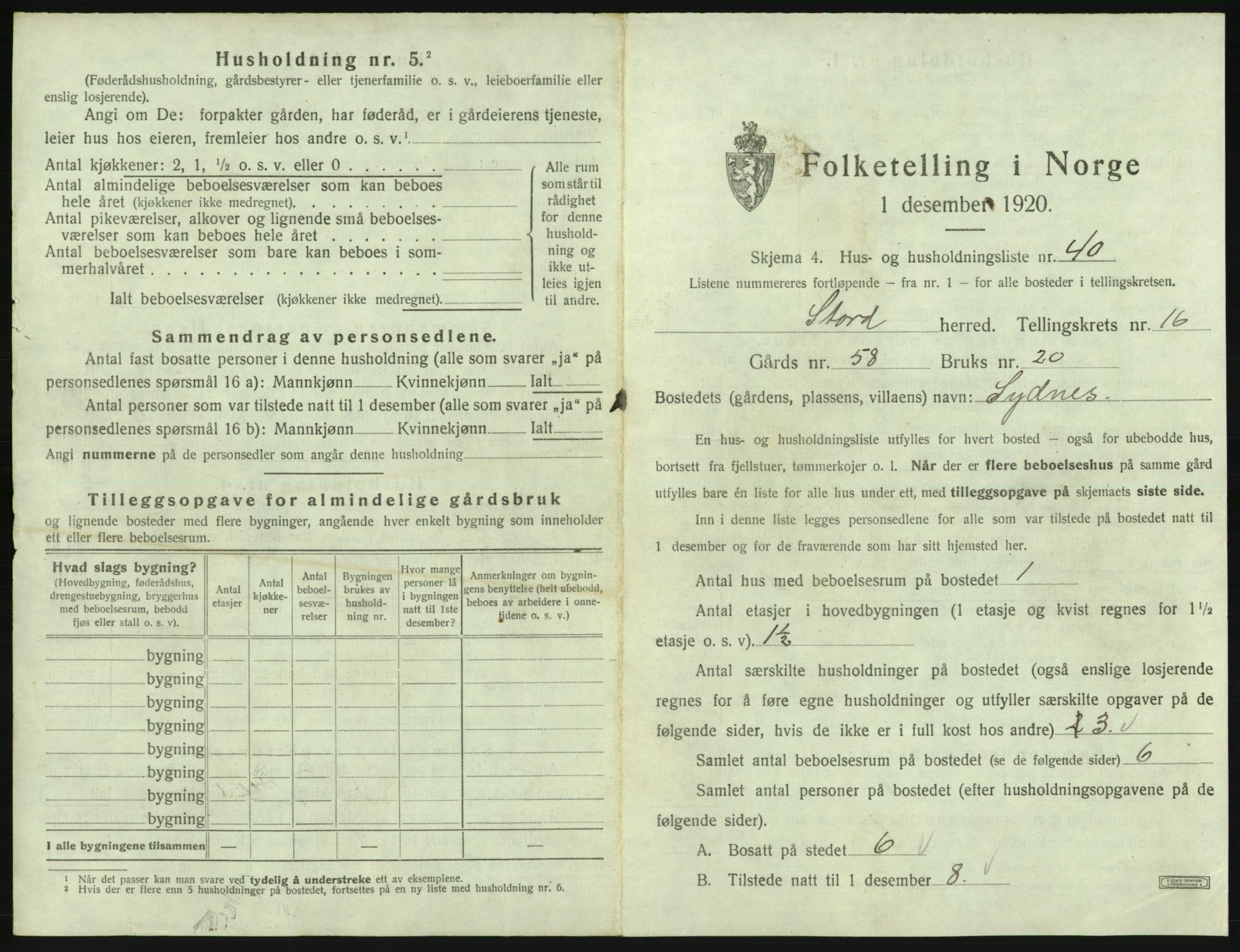 SAB, 1920 census for Stord, 1920, p. 1192