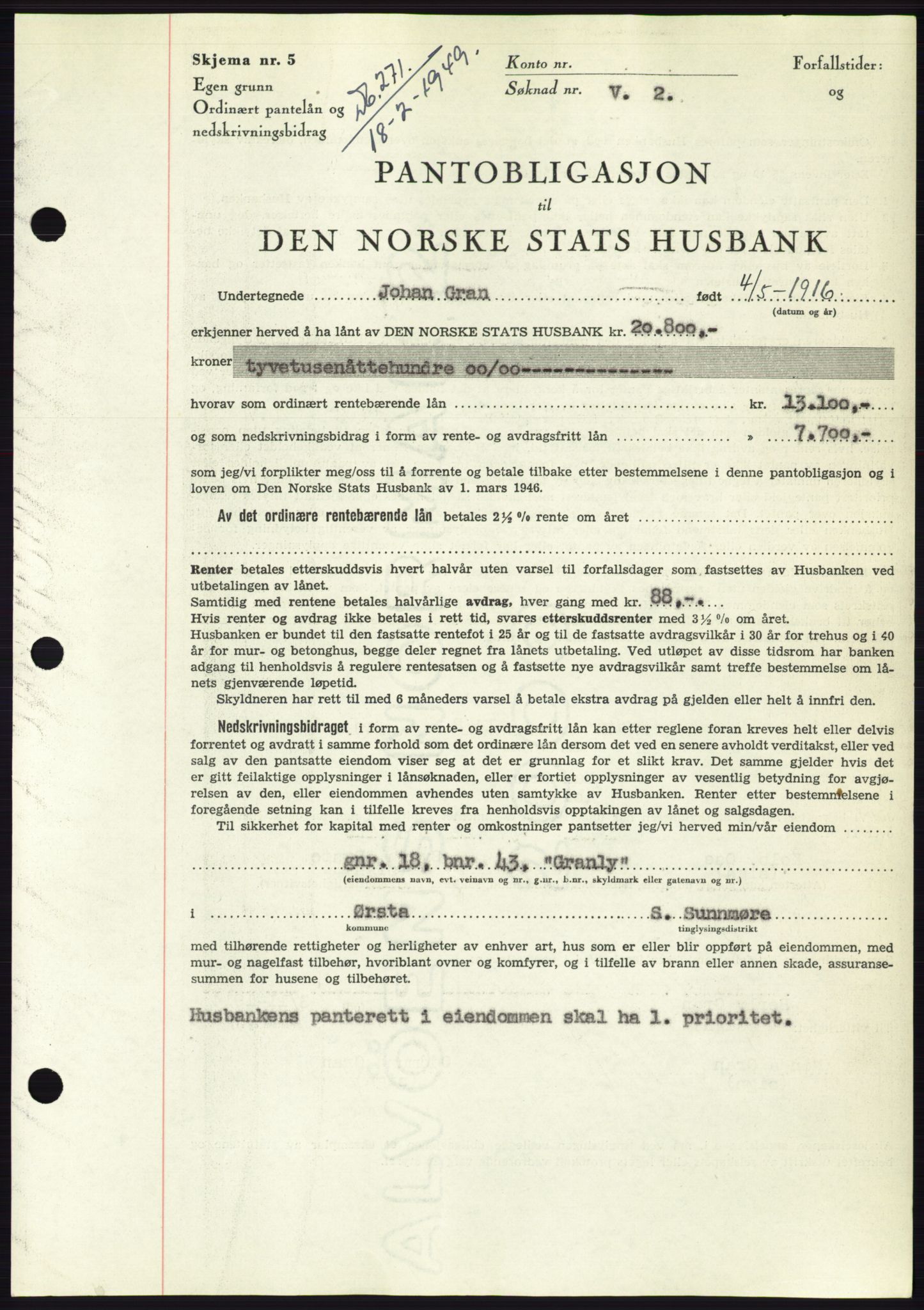 Søre Sunnmøre sorenskriveri, AV/SAT-A-4122/1/2/2C/L0116: Mortgage book no. 4B, 1948-1949, Diary no: : 271/1949