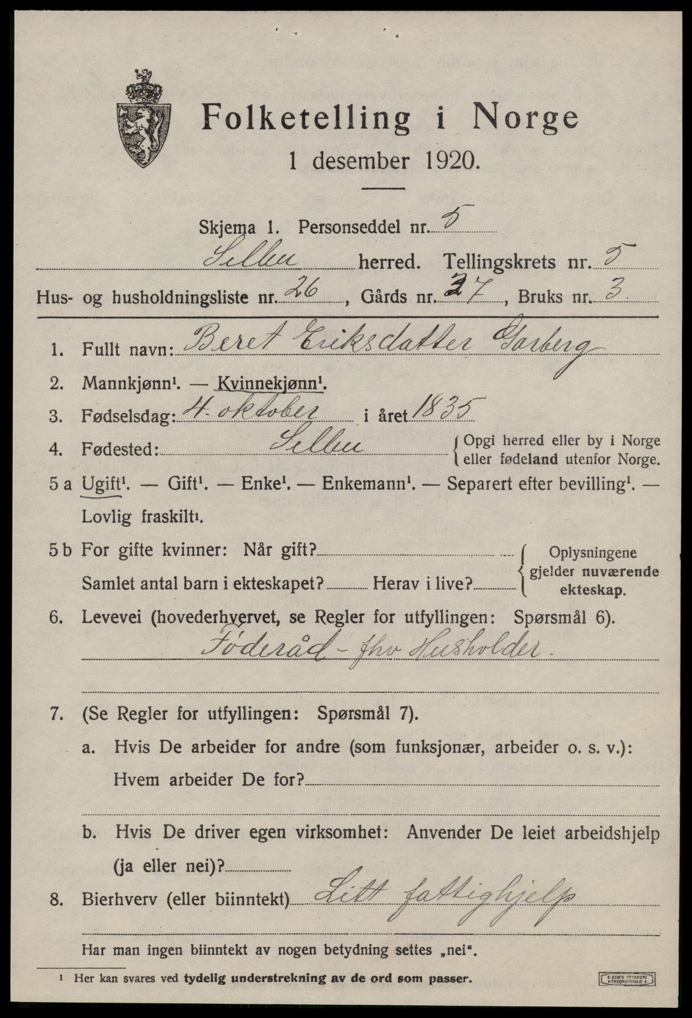 SAT, 1920 census for Selbu, 1920, p. 3480