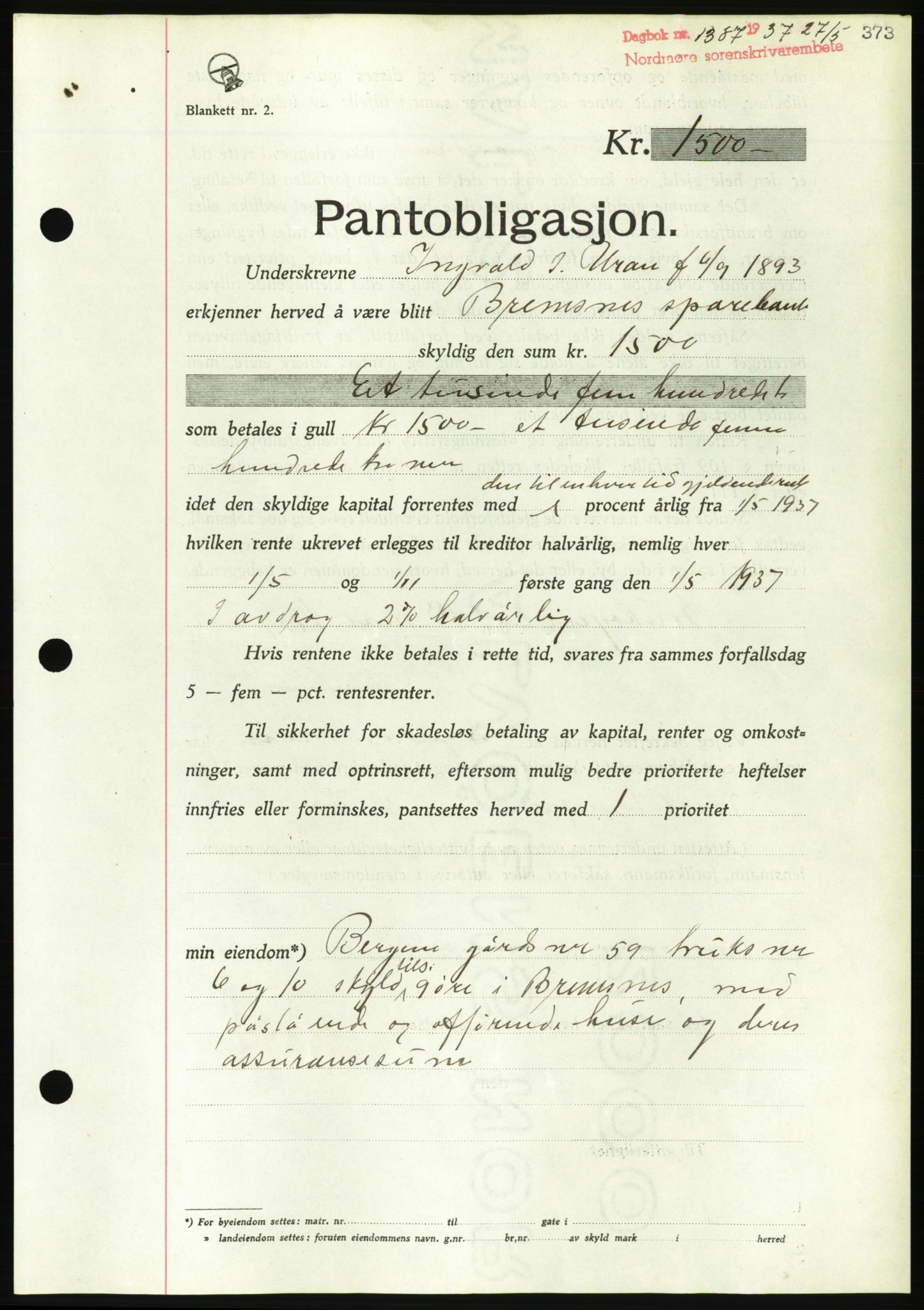 Nordmøre sorenskriveri, AV/SAT-A-4132/1/2/2Ca/L0091: Mortgage book no. B81, 1937-1937, Diary no: : 1387/1937