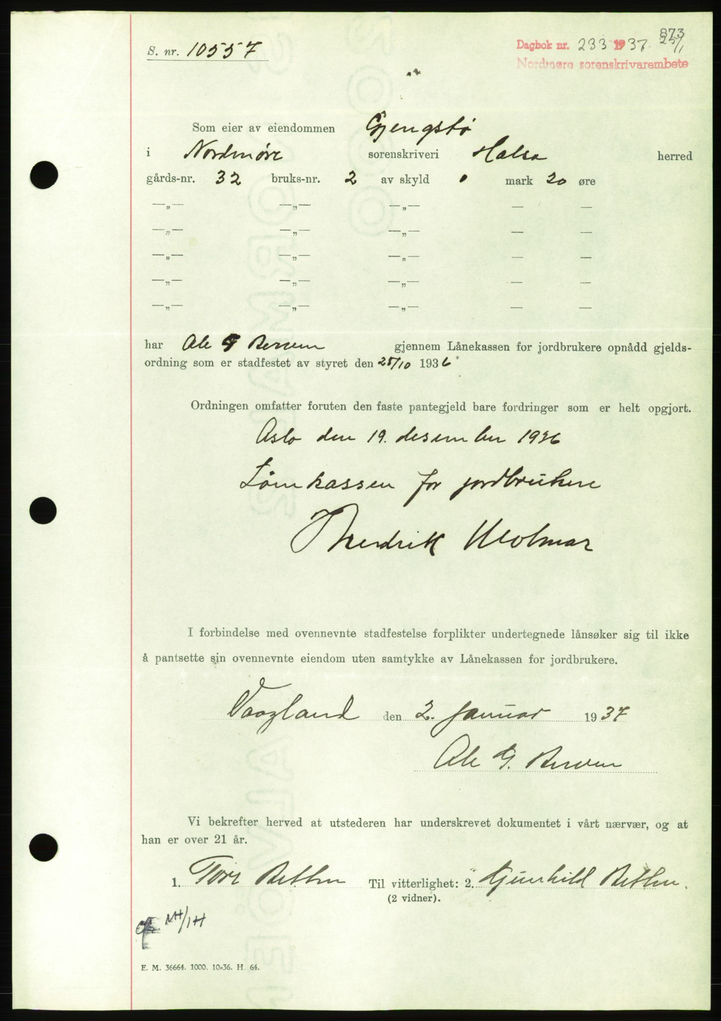 Nordmøre sorenskriveri, AV/SAT-A-4132/1/2/2Ca/L0090: Mortgage book no. B80, 1936-1937, Diary no: : 233/1937