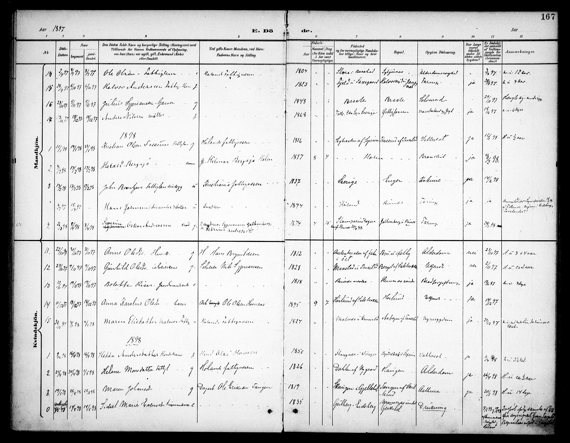 Høland prestekontor Kirkebøker, SAO/A-10346a/F/Fb/L0003: Parish register (official) no. II 3, 1897-1912, p. 167