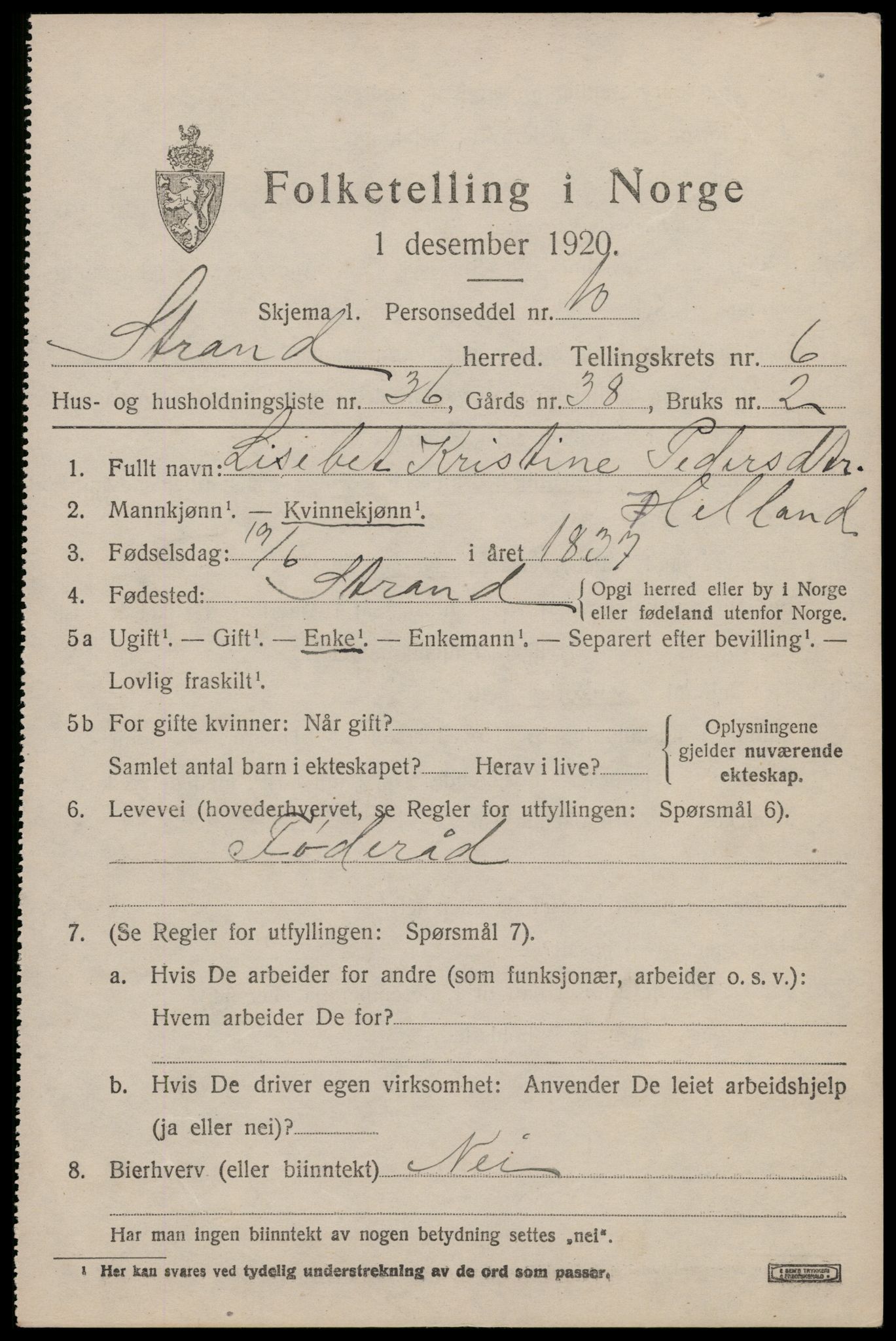 SAST, 1920 census for Strand, 1920, p. 4464