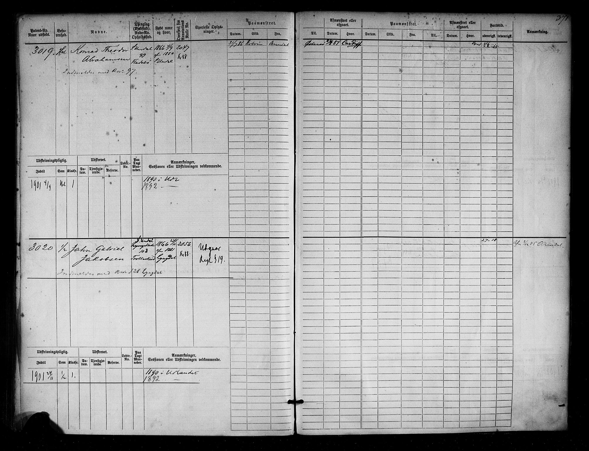 Mandal mønstringskrets, AV/SAK-2031-0016/F/Fb/L0004: Hovedrulle nr 2279-3032, L-9, 1879-1920, p. 381