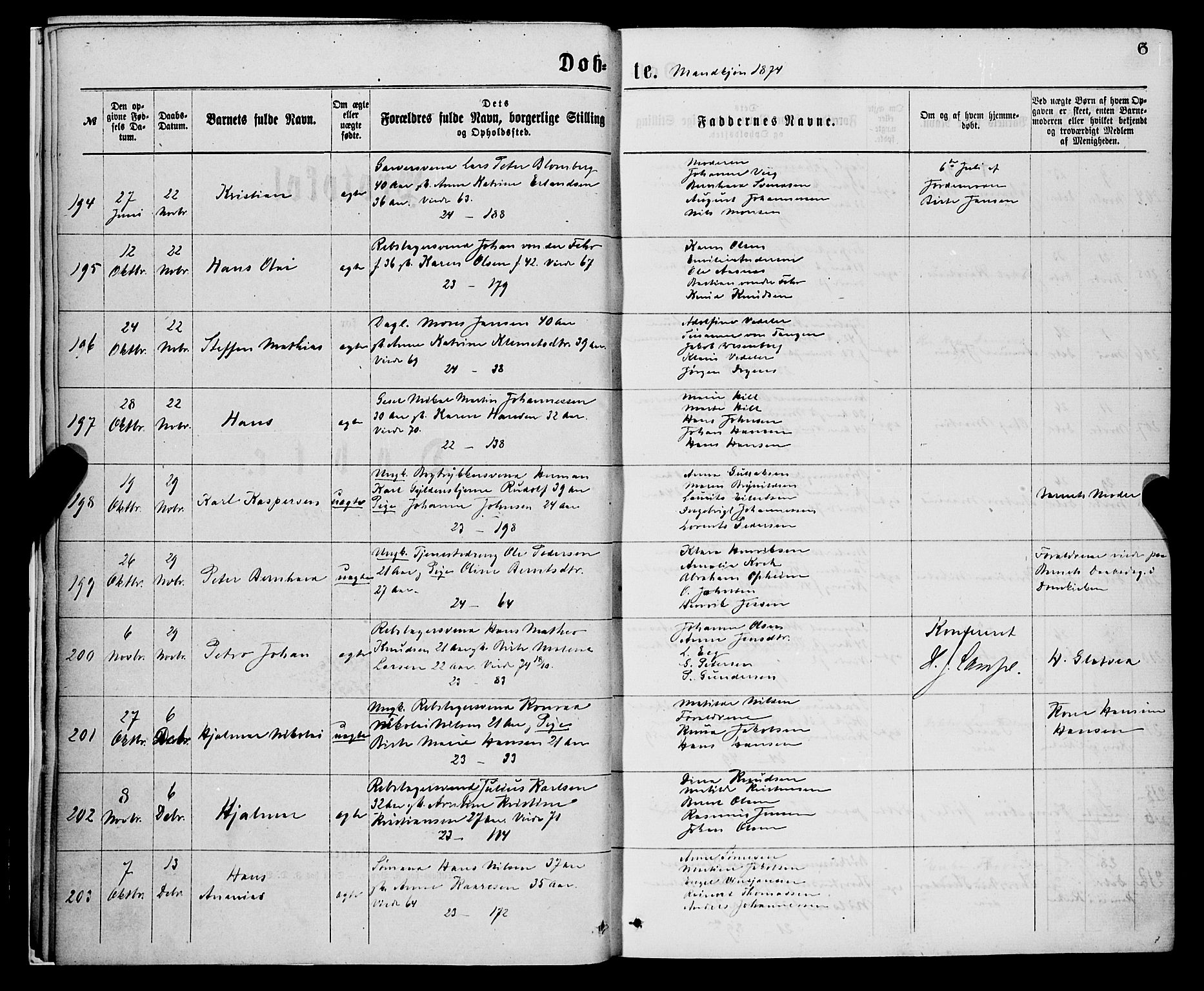 Korskirken sokneprestembete, SAB/A-76101/H/Hab: Parish register (copy) no. B 7, 1874-1878, p. 6