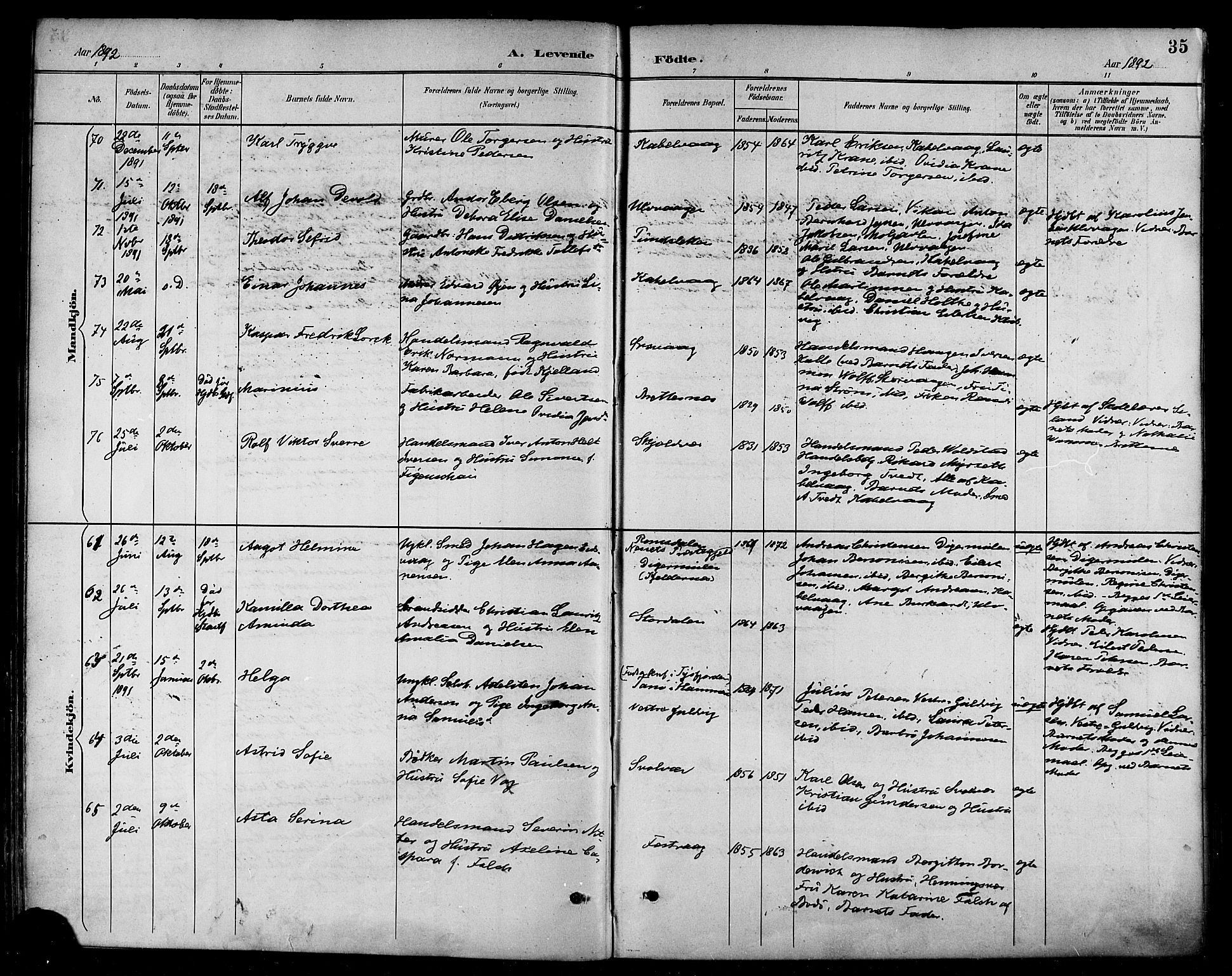 Ministerialprotokoller, klokkerbøker og fødselsregistre - Nordland, AV/SAT-A-1459/874/L1060: Parish register (official) no. 874A04, 1890-1899, p. 35