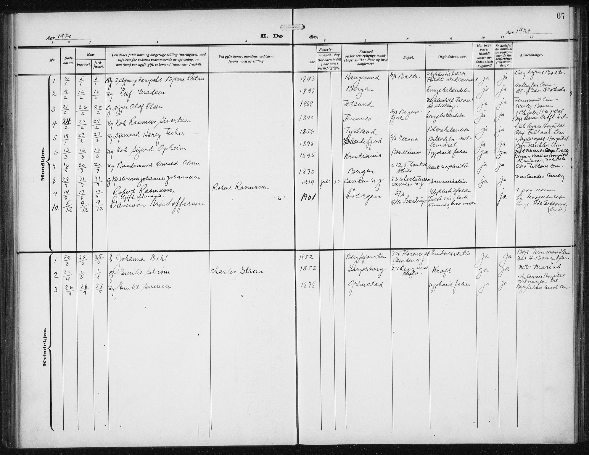 Den norske sjømannsmisjon i utlandet/Philadelphia, SAB/SAB/PA-0113/H/Ha/L0001: Parish register (official) no. A 1, 1912-1931, p. 67