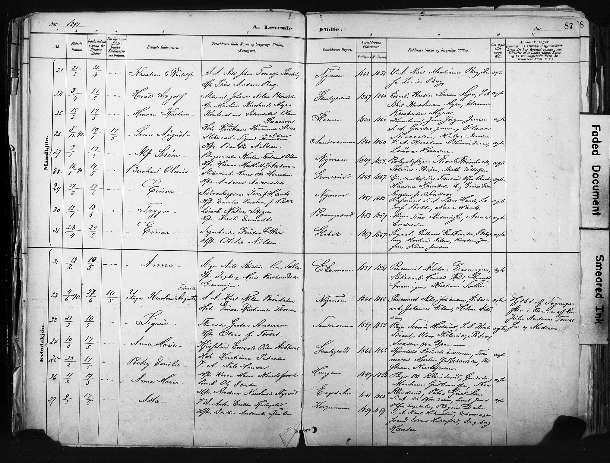 Kongsberg kirkebøker, AV/SAKO-A-22/F/Fb/L0002: Parish register (official) no. II 2, 1886-1896, p. 87