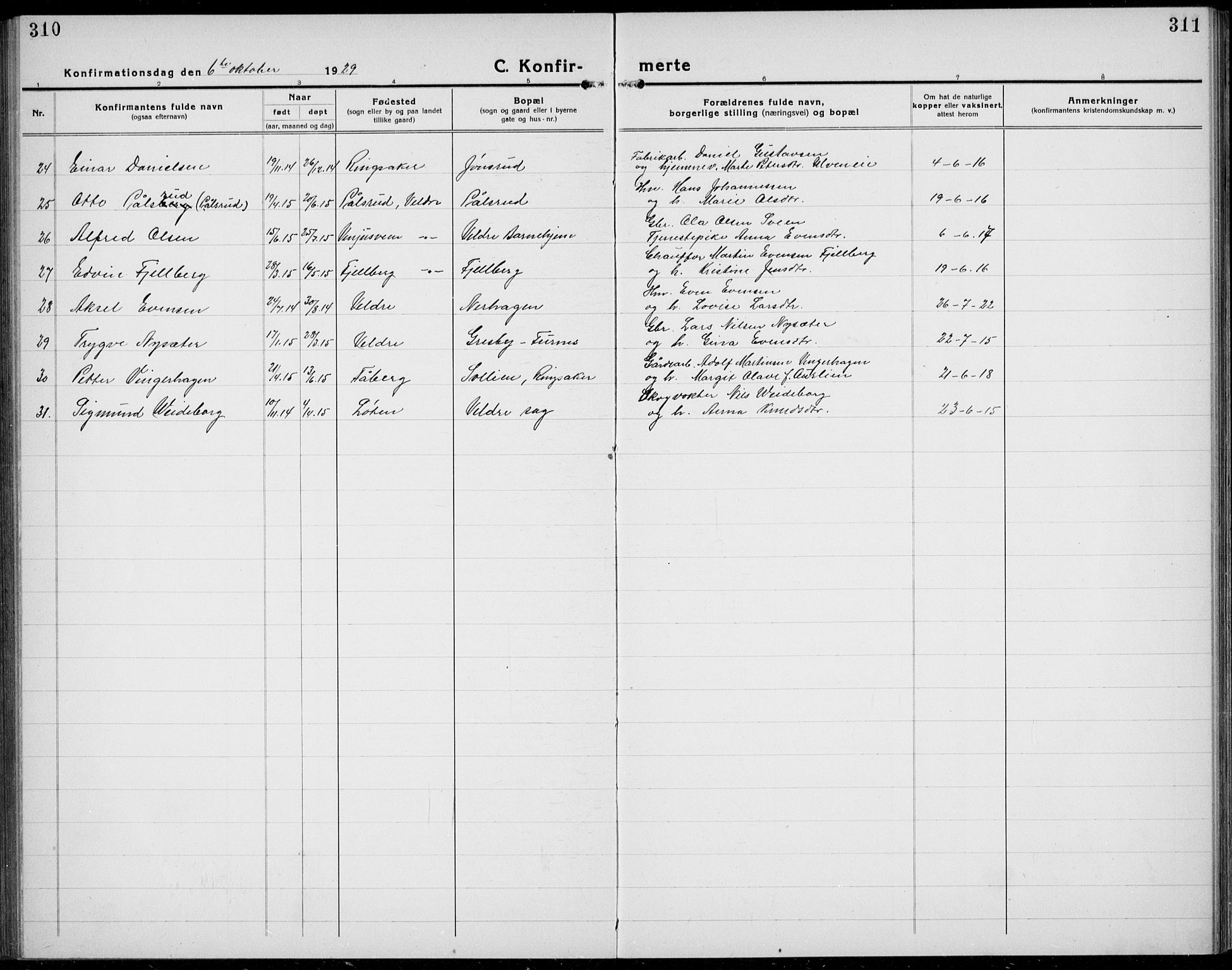 Veldre prestekontor, SAH/PREST-018/L/La/L0001: Parish register (copy) no. 1, 1921-1934, p. 310-311
