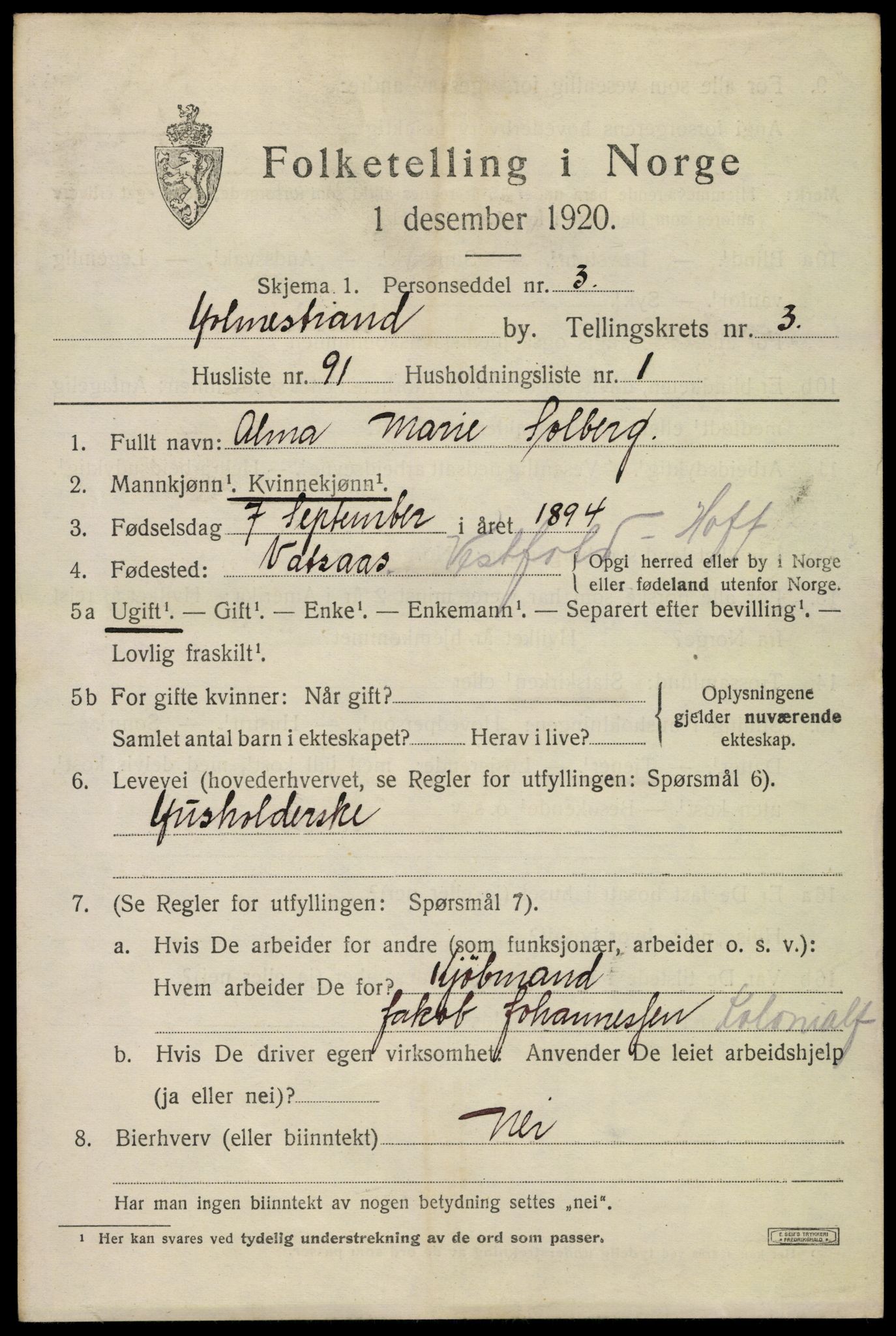 SAKO, 1920 census for Holmestrand, 1920, p. 3980