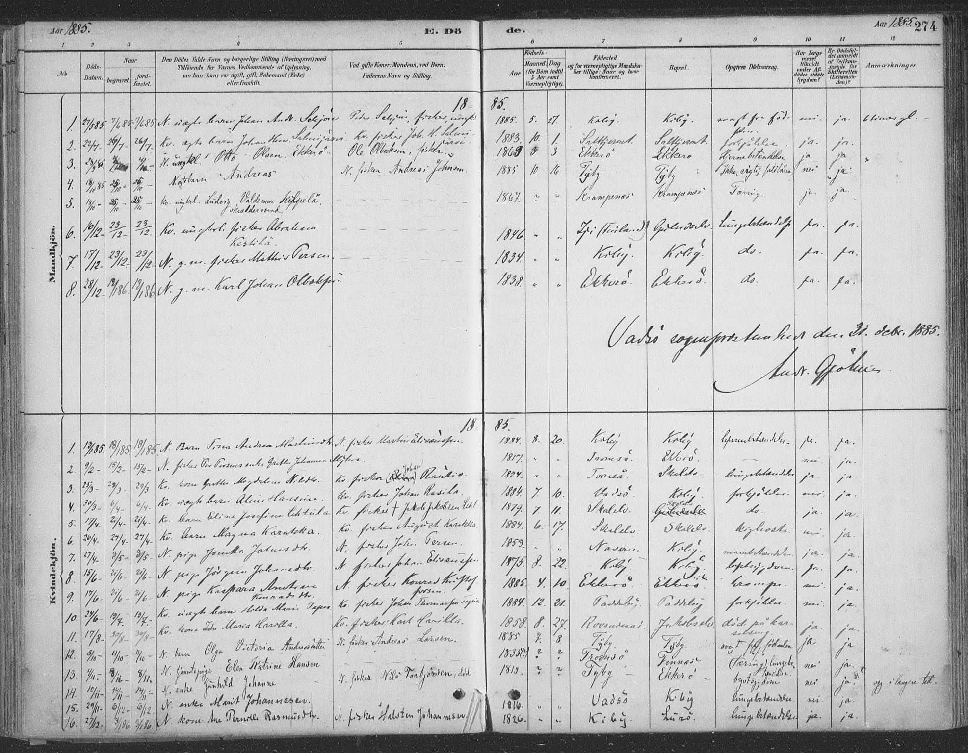 Vadsø sokneprestkontor, SATØ/S-1325/H/Ha/L0009kirke: Parish register (official) no. 9, 1881-1917, p. 274