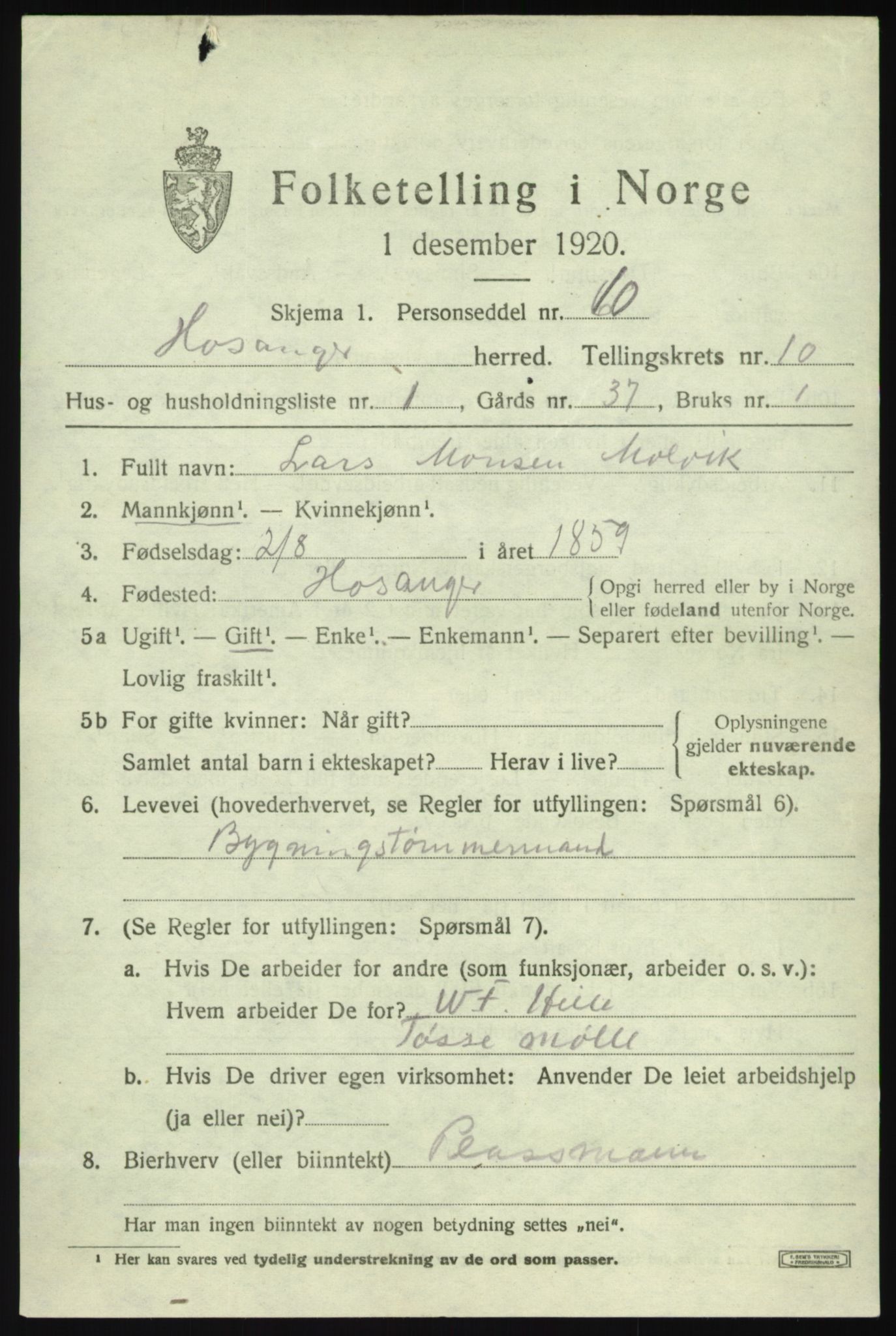 SAB, 1920 census for Hosanger, 1920, p. 4209