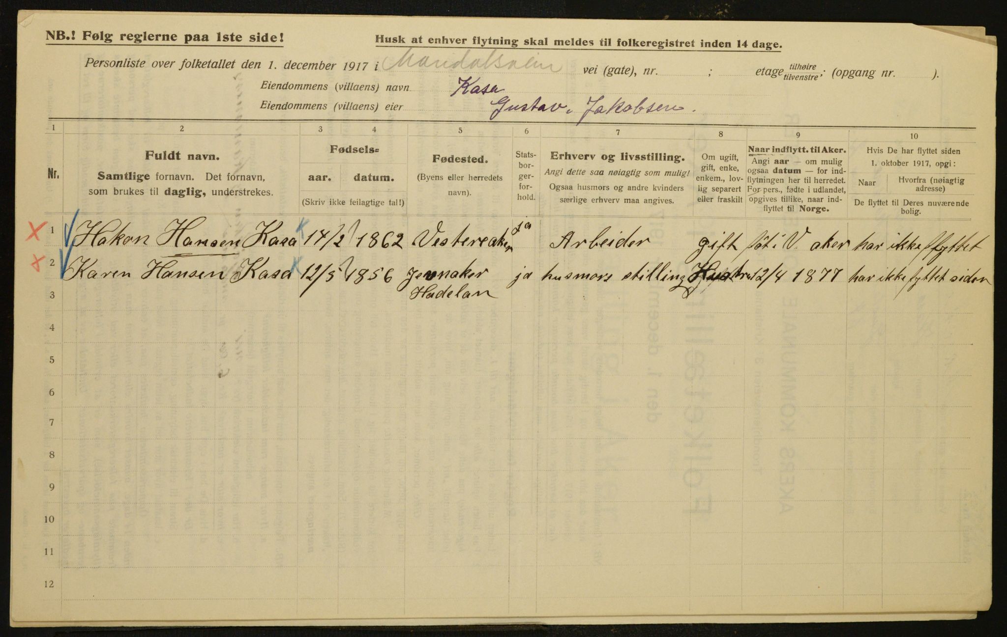 OBA, Municipal Census 1917 for Aker, 1917, p. 11674